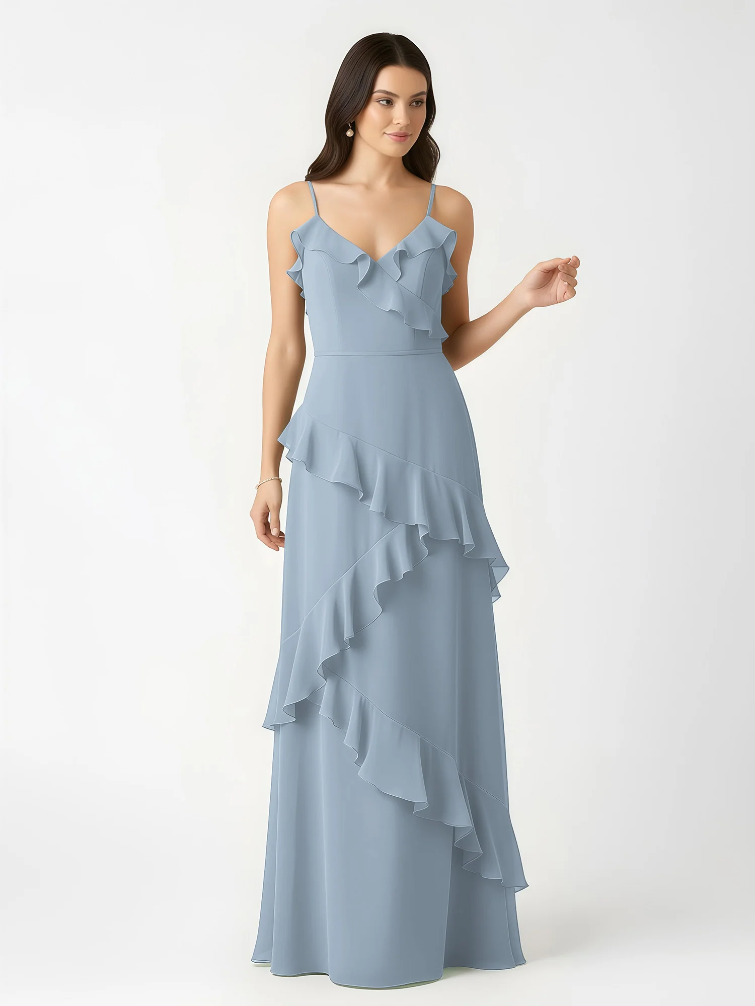 A-Line Chiffon Ruffle Floor Length V-Neck Dresses Dusty Blue - Image 4
