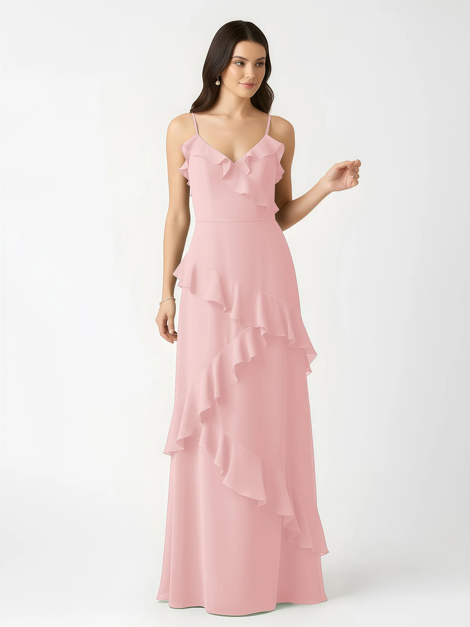 A-Line Chiffon Ruffle Floor Length V-Neck Dresses Dusty Rose - Image 4