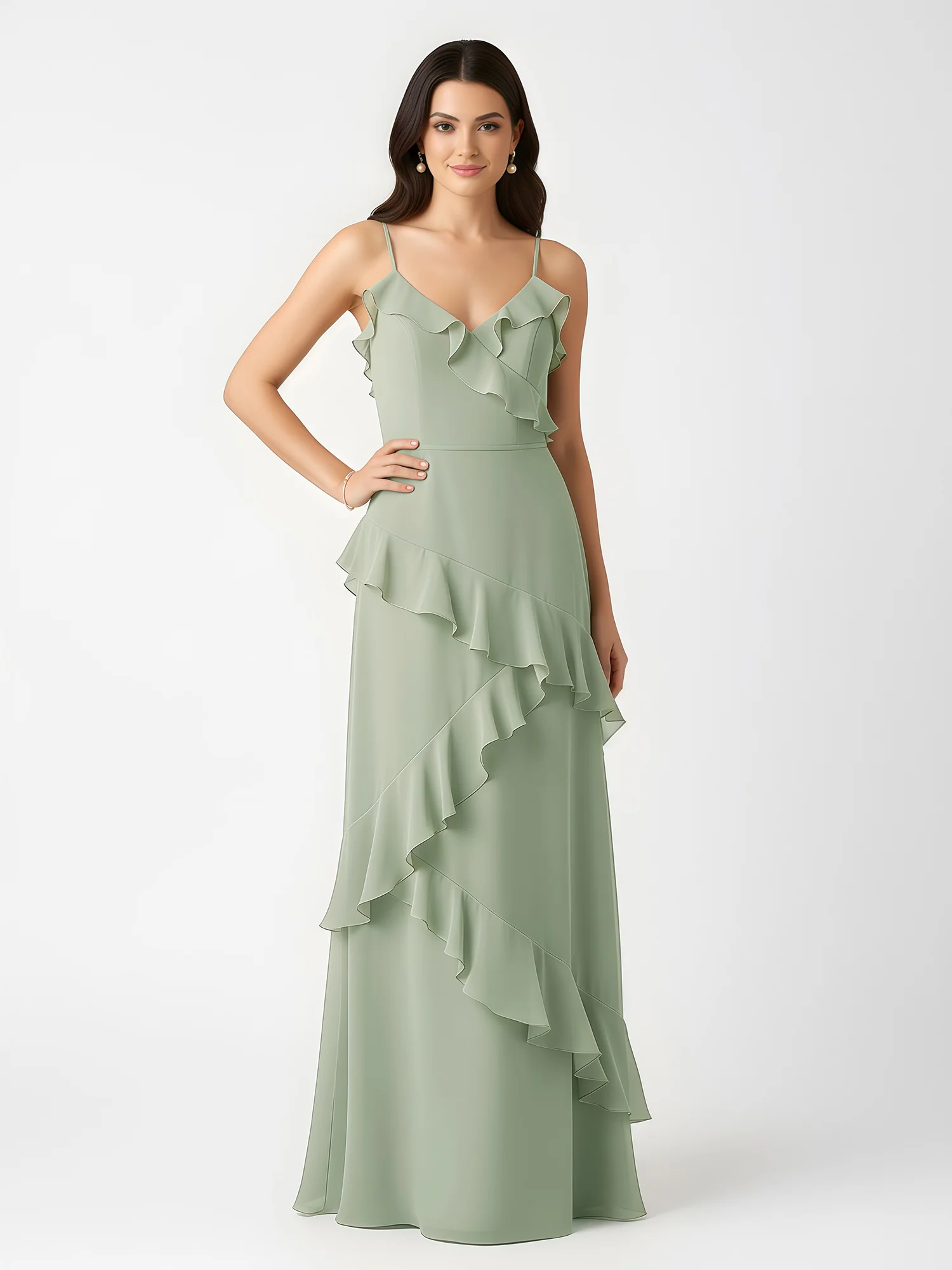 A-Line Chiffon Ruffle Floor Length V-Neck Dresses Dusty Sage - Image 3