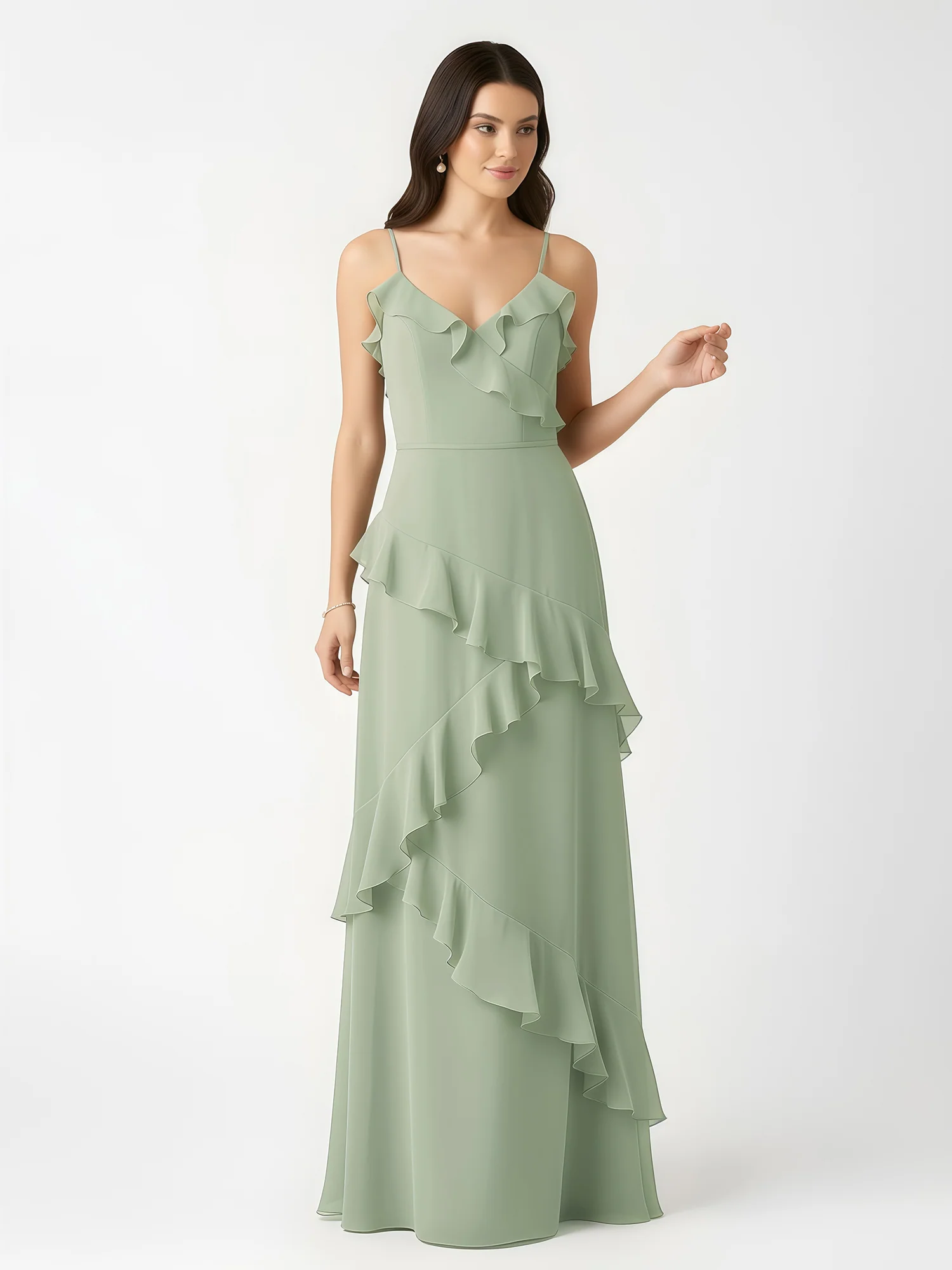 A-Line Chiffon Ruffle Floor Length V-Neck Dresses Dusty Sage - Image 4