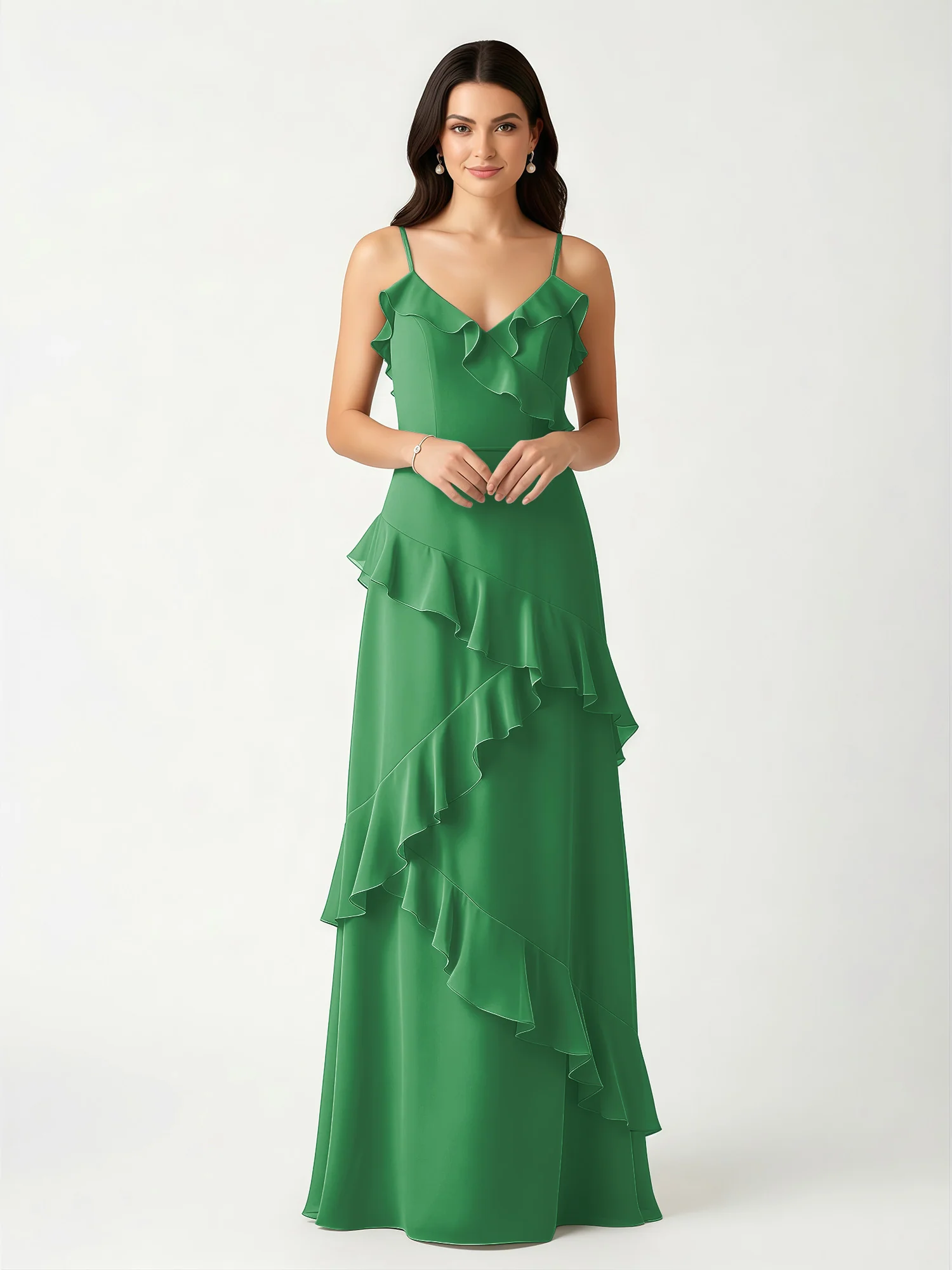 A-Line Chiffon Ruffle Floor Length V-Neck Dresses Emerald