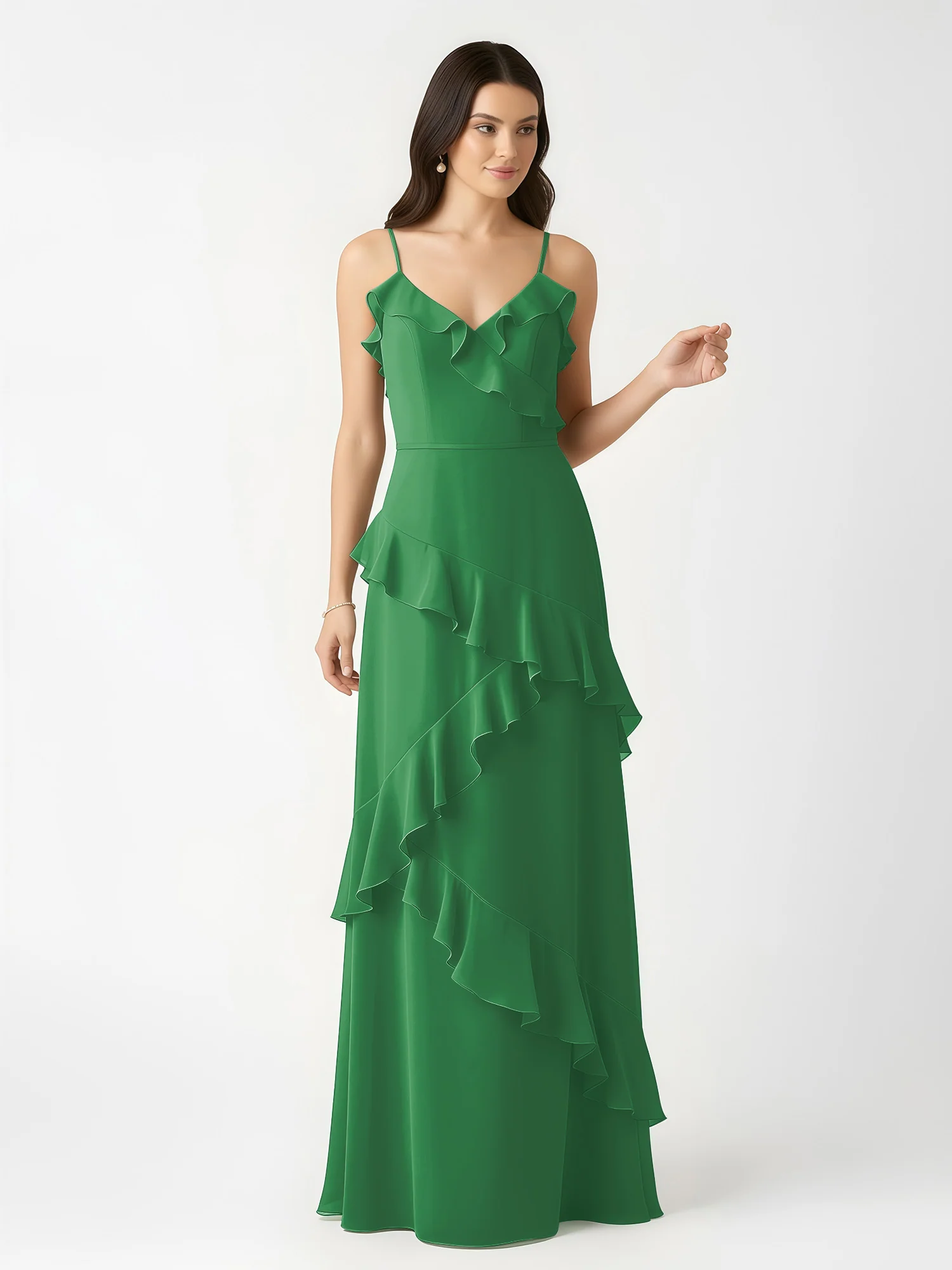 A-Line Chiffon Ruffle Floor Length V-Neck Dresses Emerald - Image 4