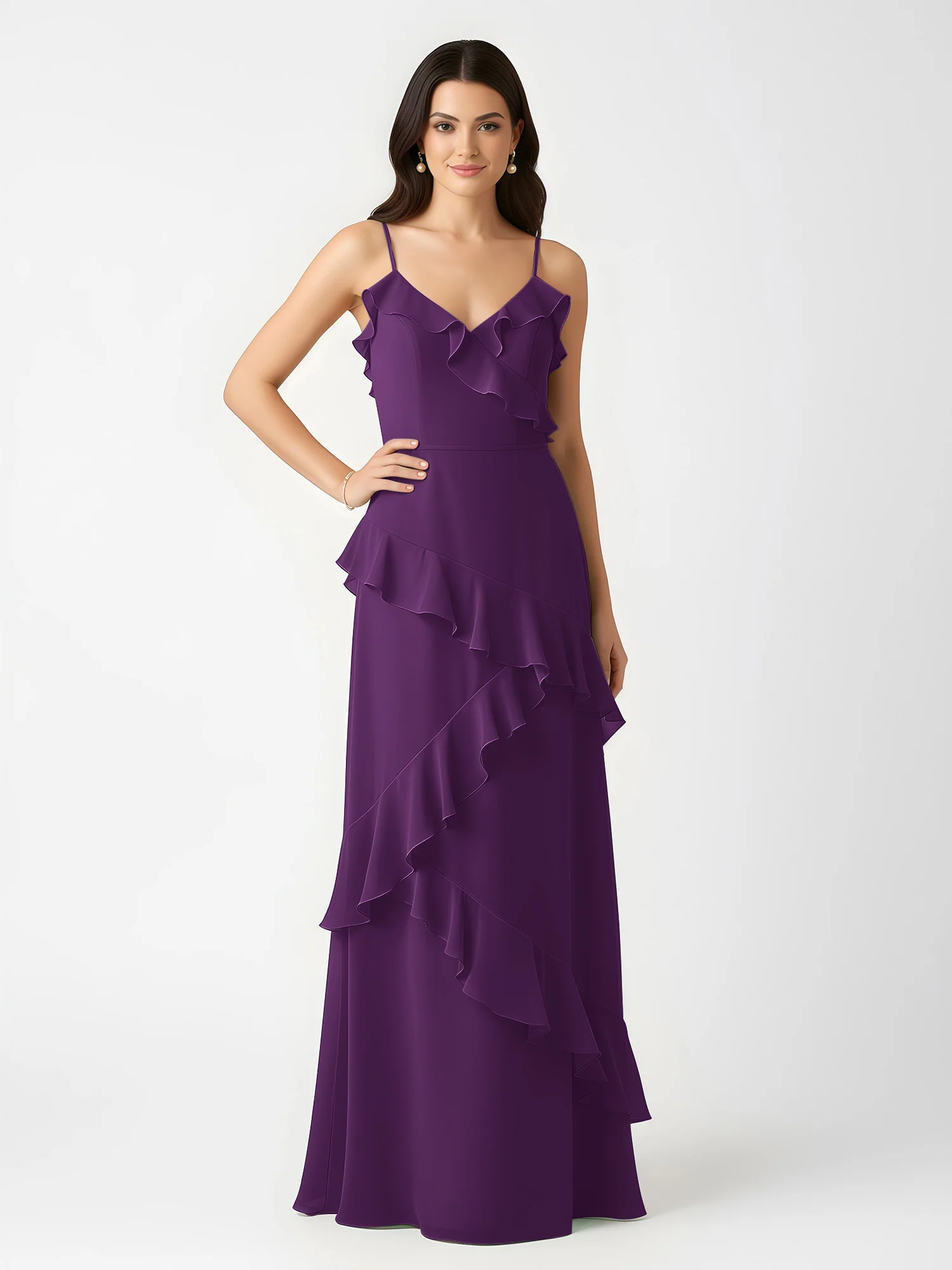 A-Line Chiffon Ruffle Floor Length V-Neck Dresses Grape - Image 3