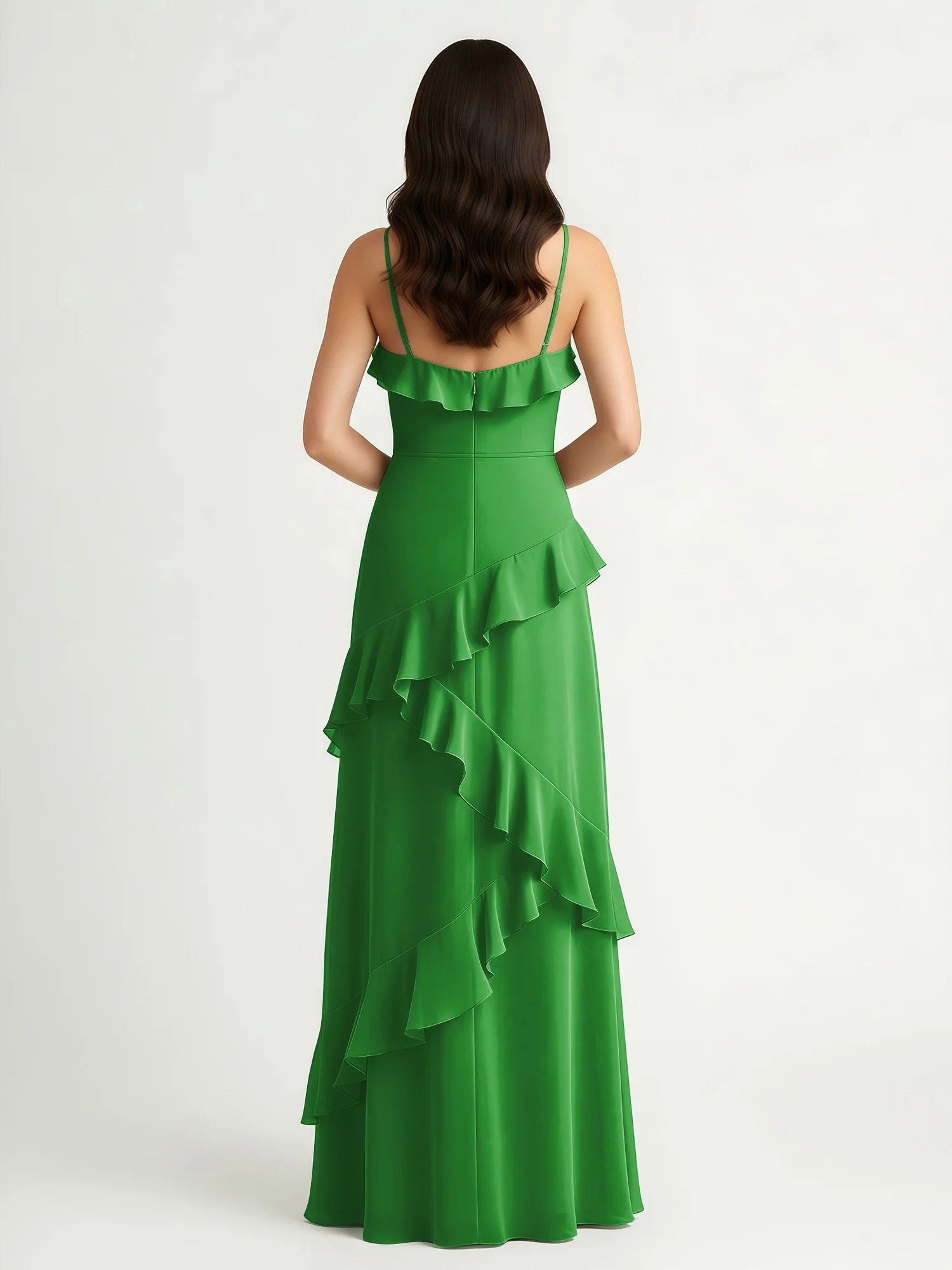 A-Line Chiffon Ruffle Floor Length V-Neck Dresses Green - Image 2