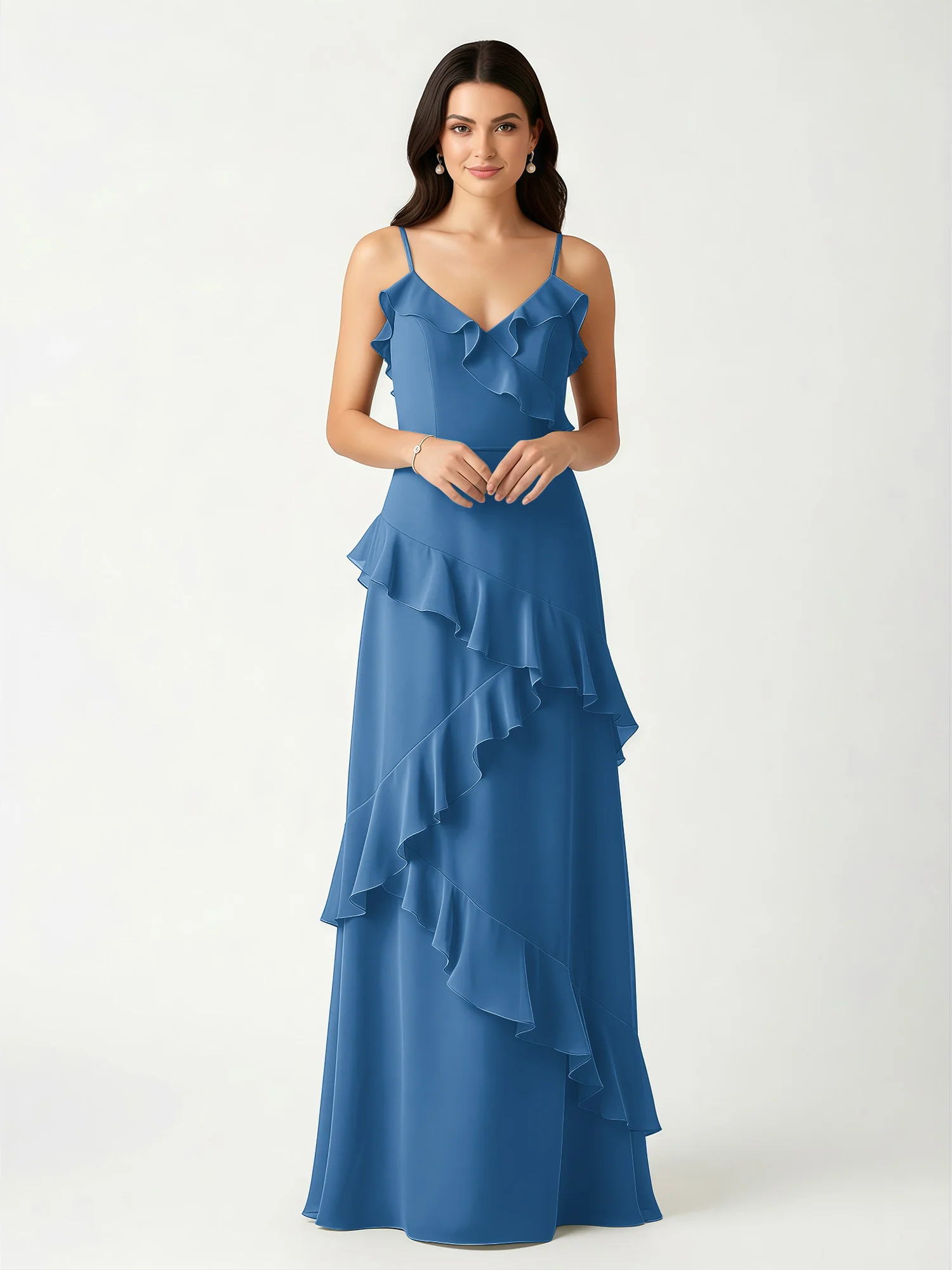 A-Line Chiffon Ruffle Floor Length V-Neck Dresses Ink Blue