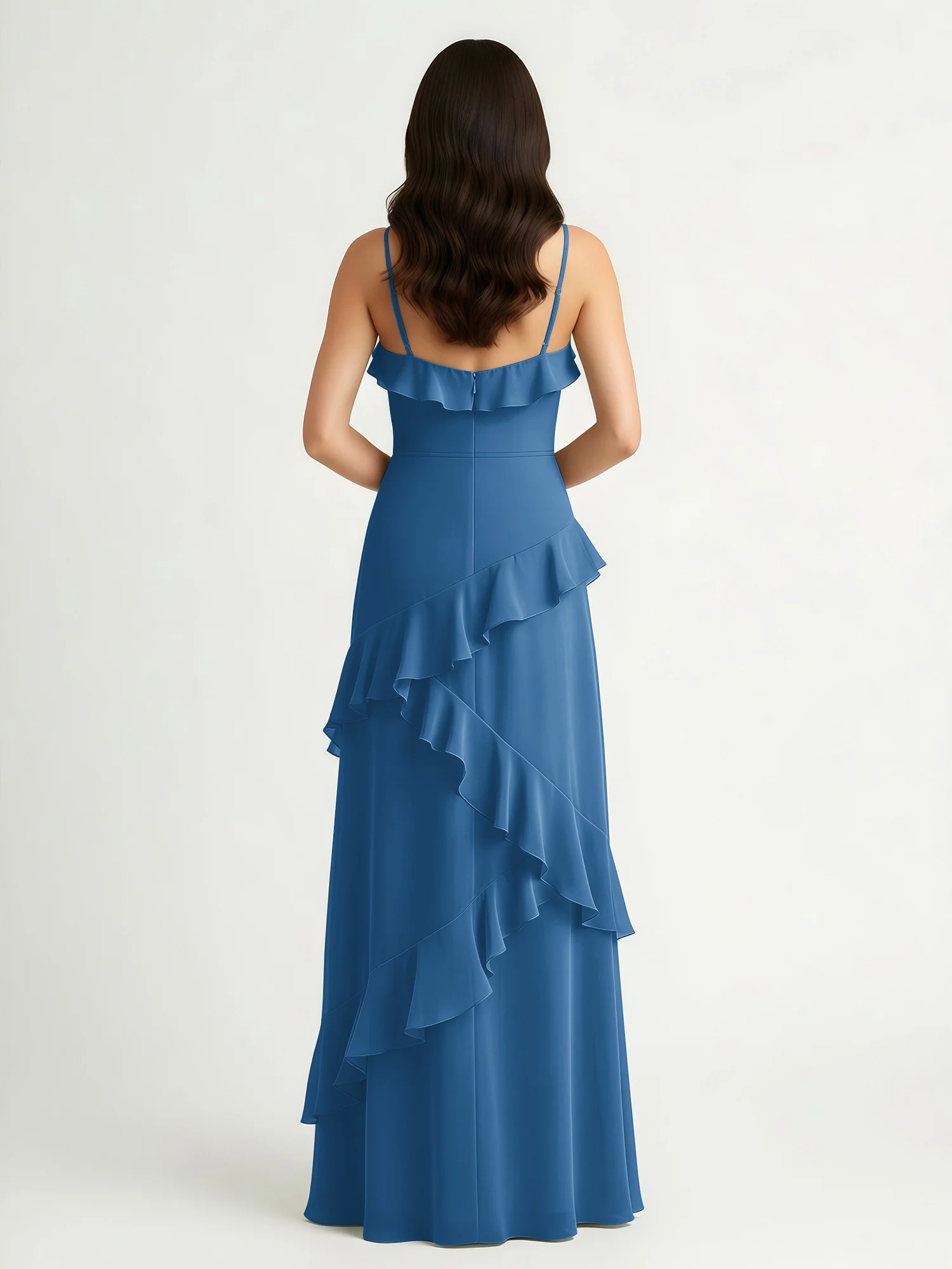 A-Line Chiffon Ruffle Floor Length V-Neck Dresses Ink Blue - Image 2