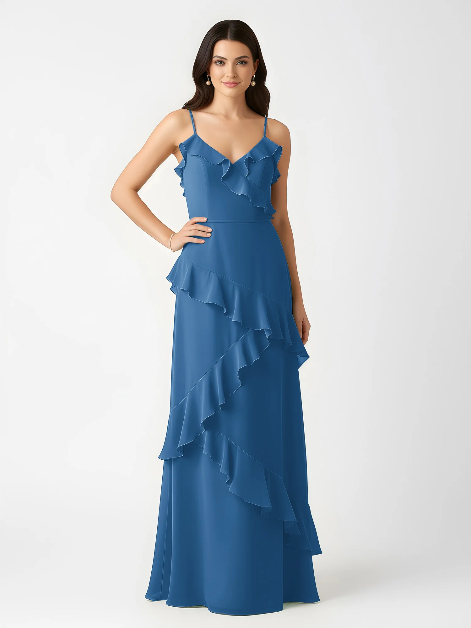 A-Line Chiffon Ruffle Floor Length V-Neck Dresses Ink Blue - Image 3