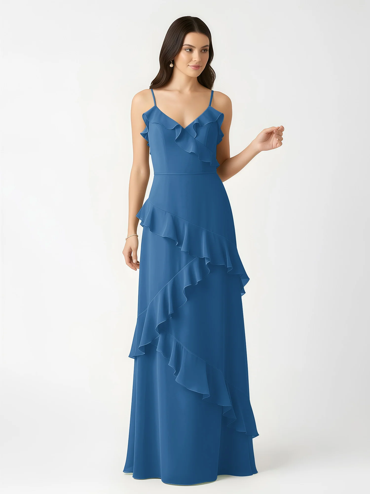 A-Line Chiffon Ruffle Floor Length V-Neck Dresses Ink Blue - Image 4