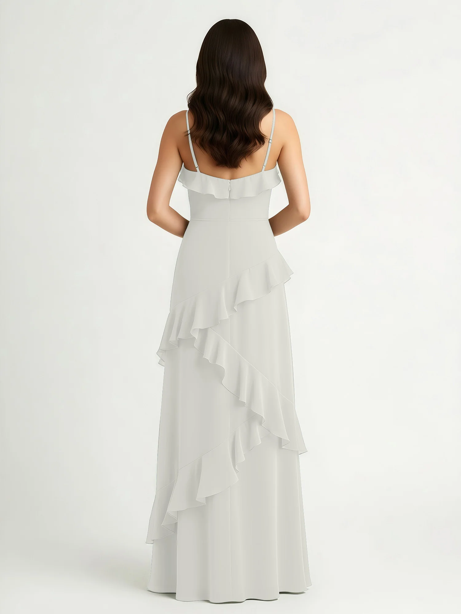 A-Line Chiffon Ruffle Floor Length V-Neck Dresses Ivory - Image 2