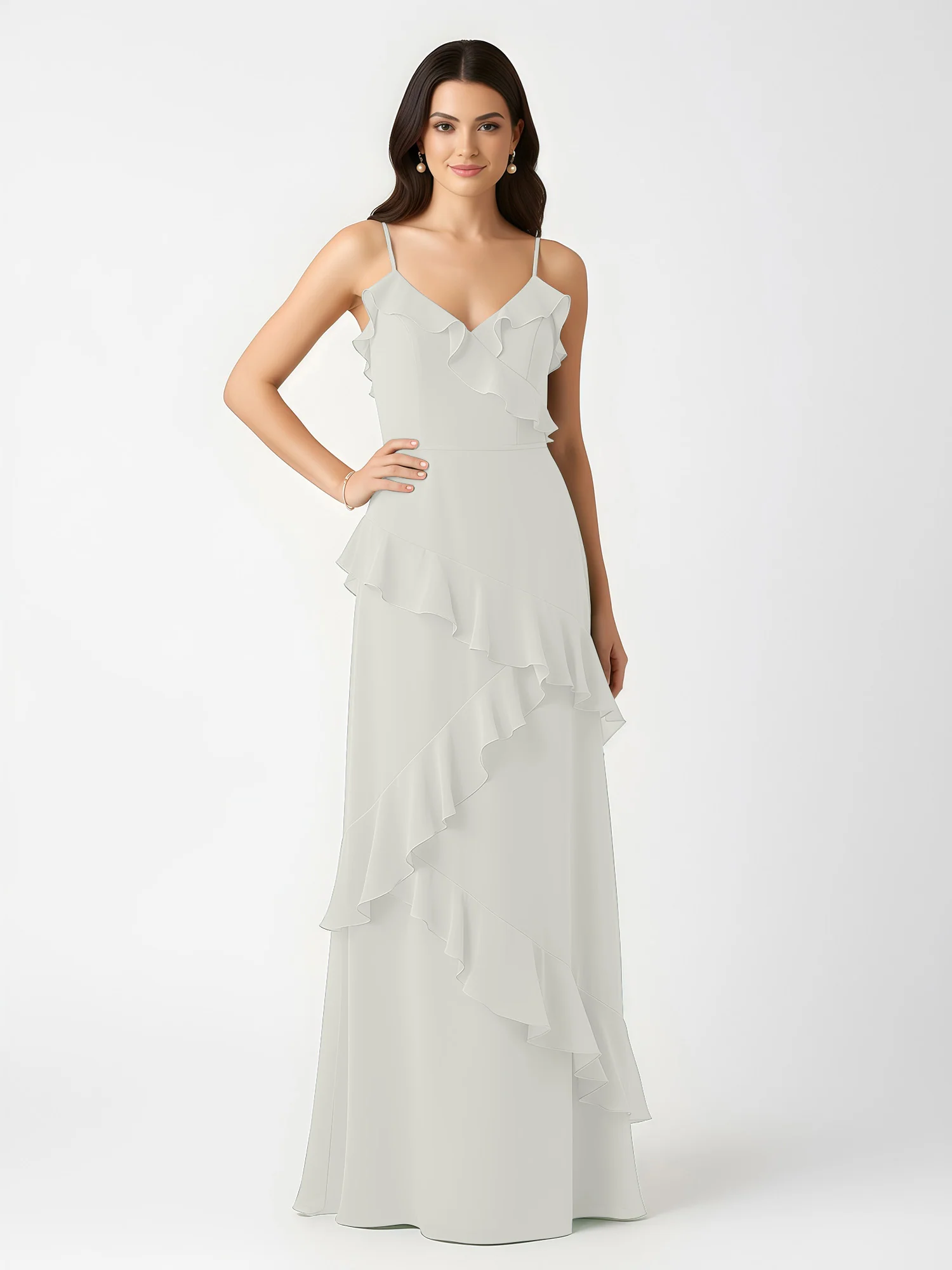 A-Line Chiffon Ruffle Floor Length V-Neck Dresses Ivory - Image 3