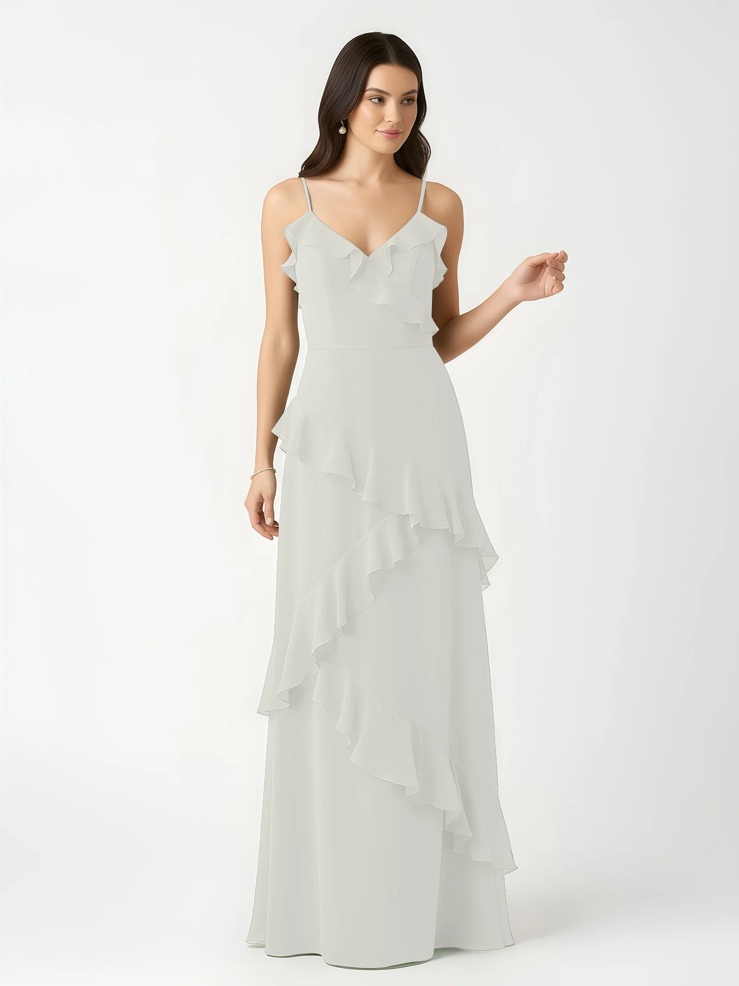 A-Line Chiffon Ruffle Floor Length V-Neck Dresses Ivory - Image 4