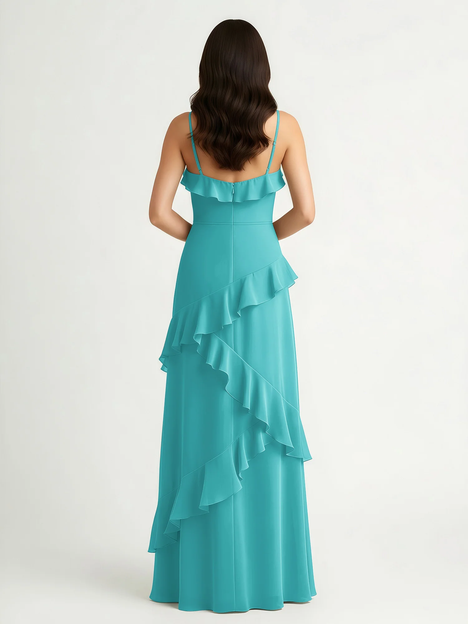 A-Line Chiffon Ruffle Floor Length V-Neck Dresses Jade - Image 2