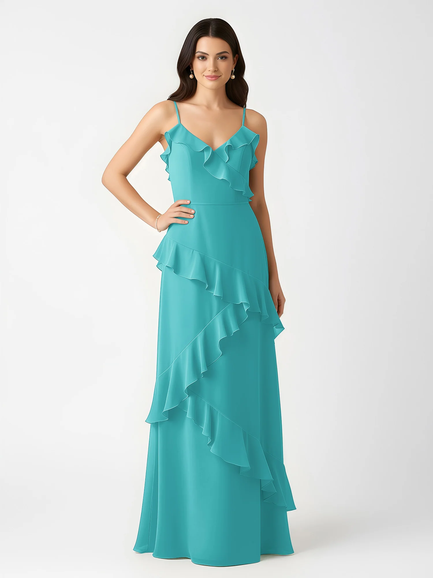 A-Line Chiffon Ruffle Floor Length V-Neck Dresses Jade - Image 3