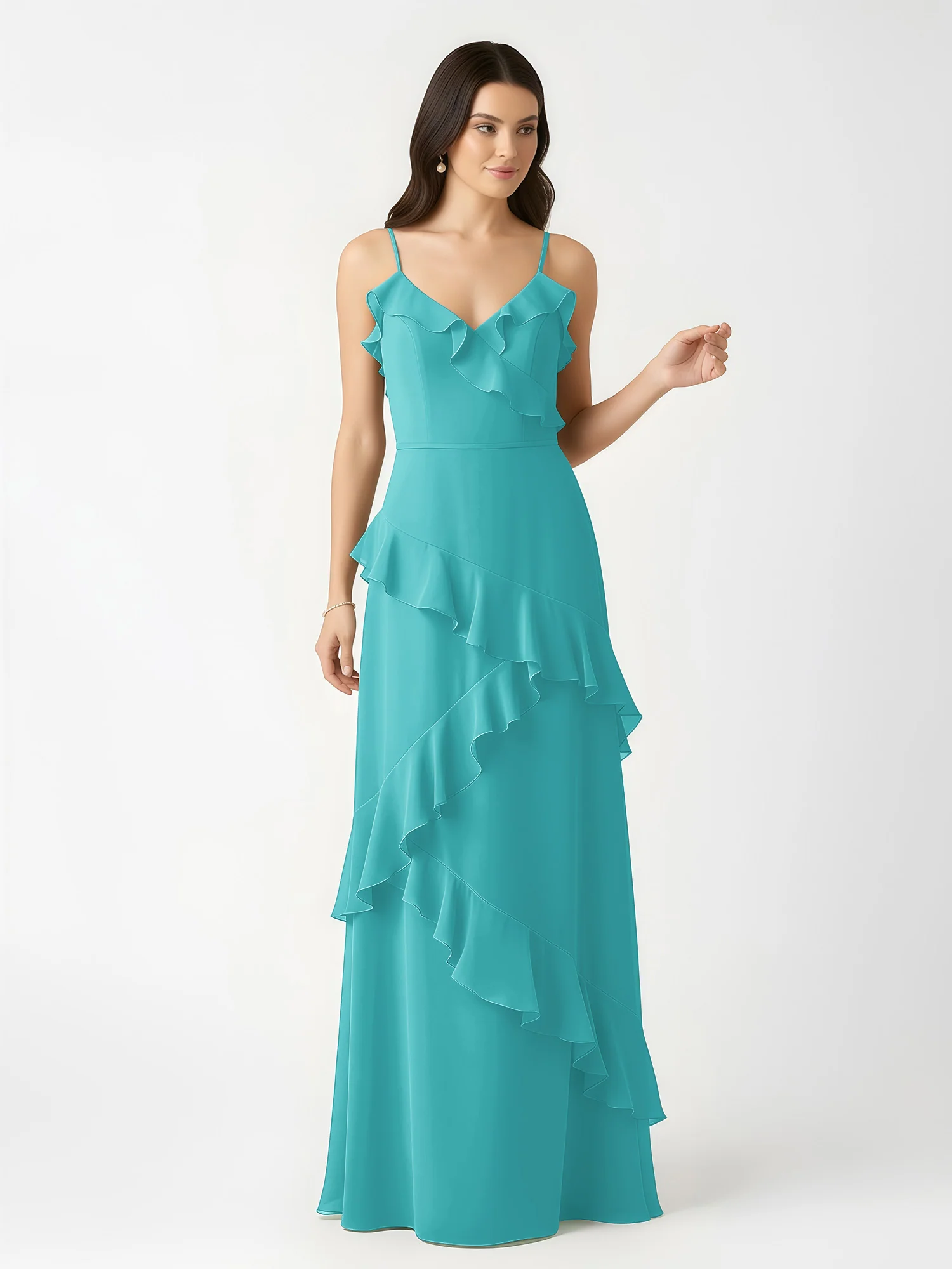 A-Line Chiffon Ruffle Floor Length V-Neck Dresses Jade - Image 4
