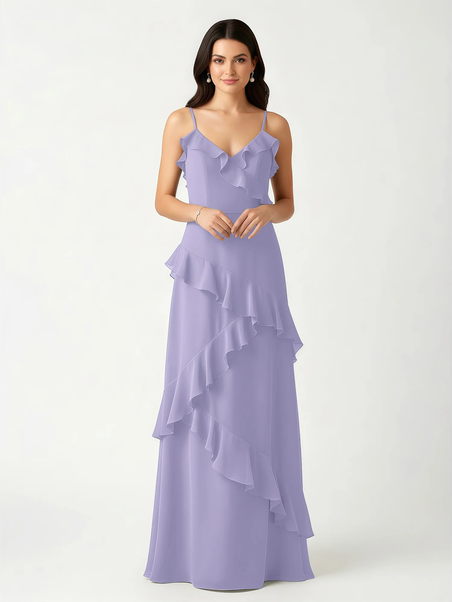 A-Line Chiffon Ruffle Floor Length V-Neck Dresses Lavender
