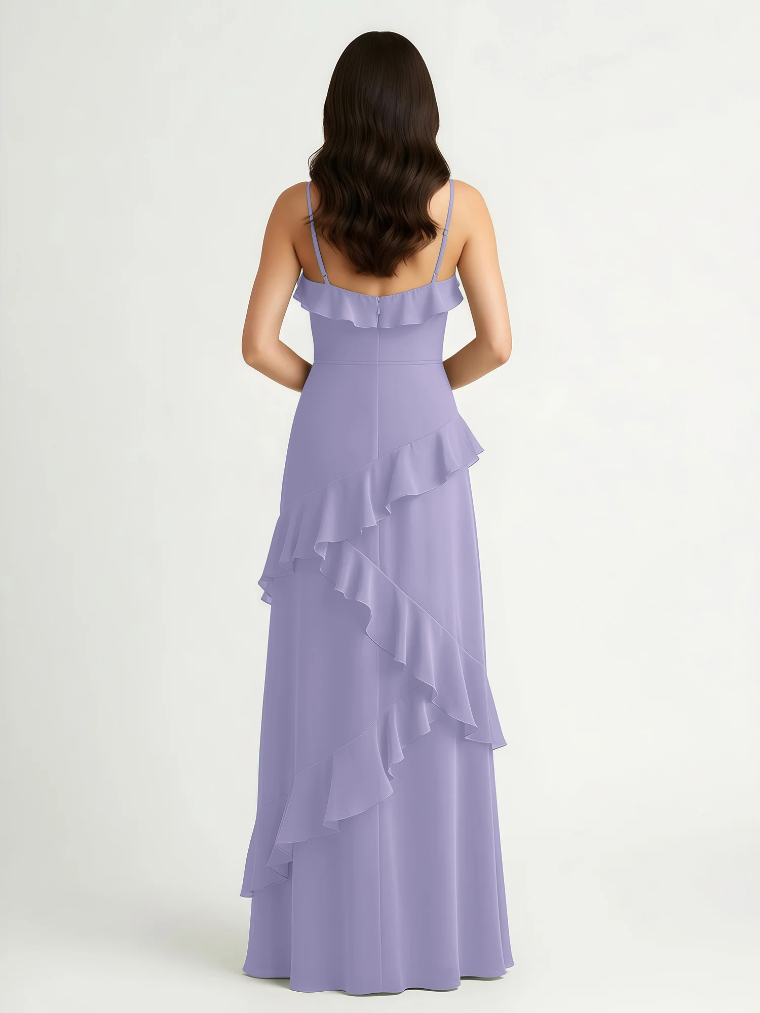 A-Line Chiffon Ruffle Floor Length V-Neck Dresses Lavender - Image 2