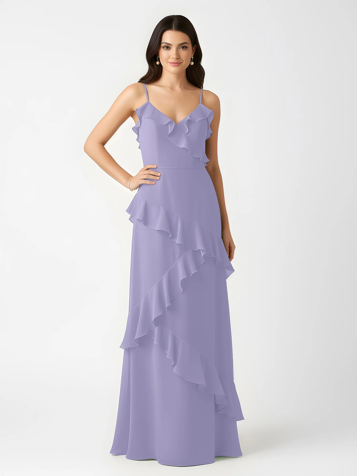 A-Line Chiffon Ruffle Floor Length V-Neck Dresses Lavender - Image 3