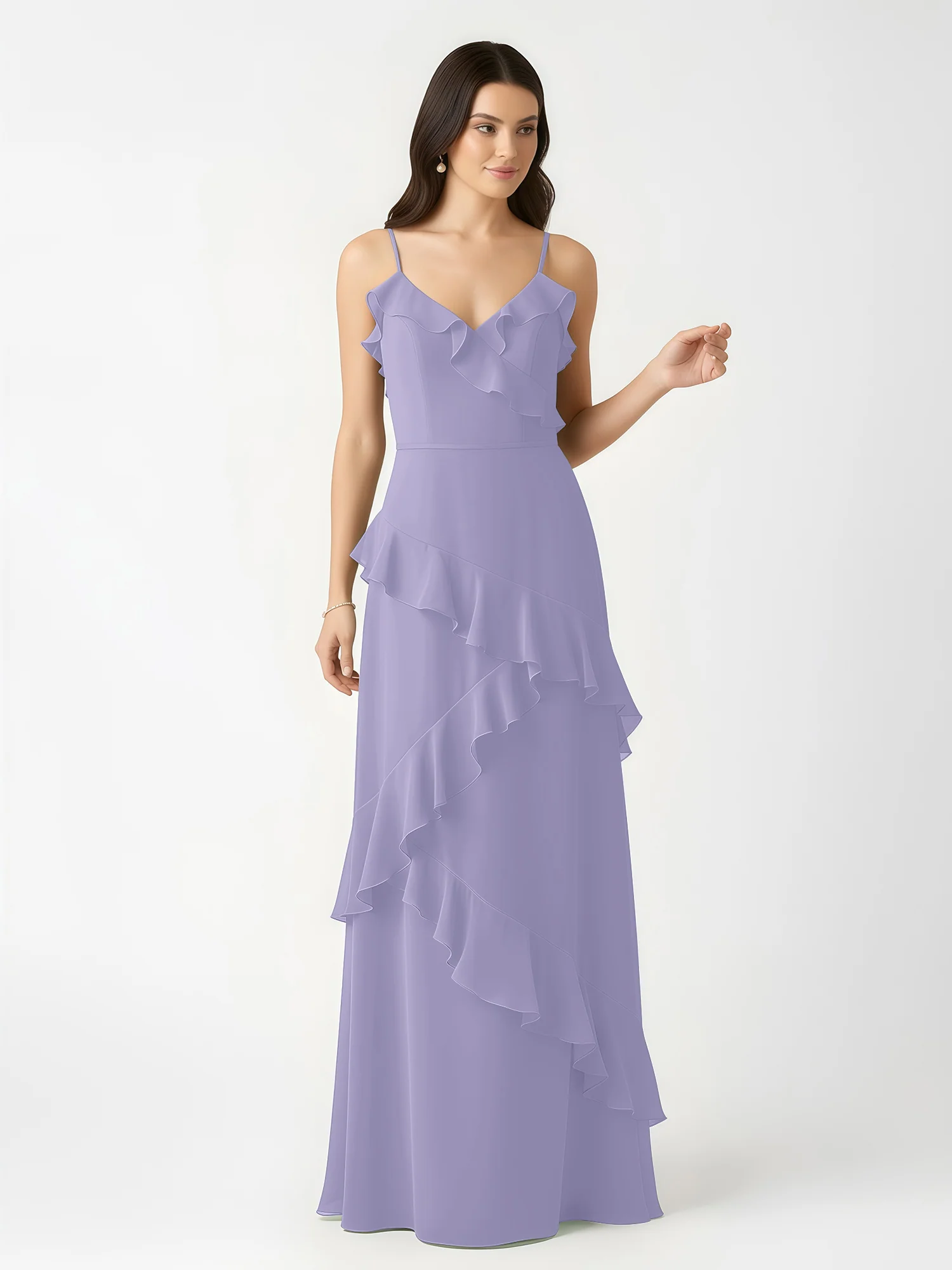 A-Line Chiffon Ruffle Floor Length V-Neck Dresses Lavender - Image 4