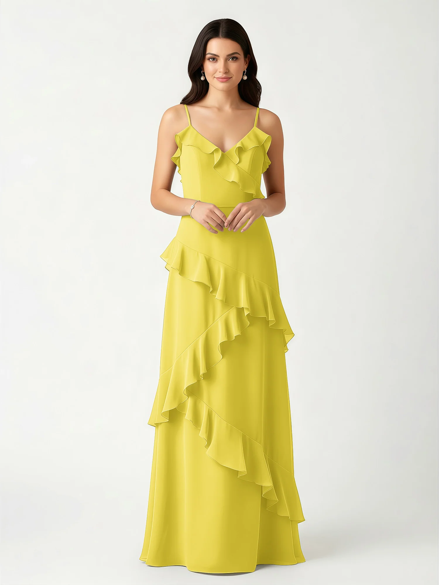 A-Line Chiffon Ruffle Floor Length V-Neck Dresses Lemon