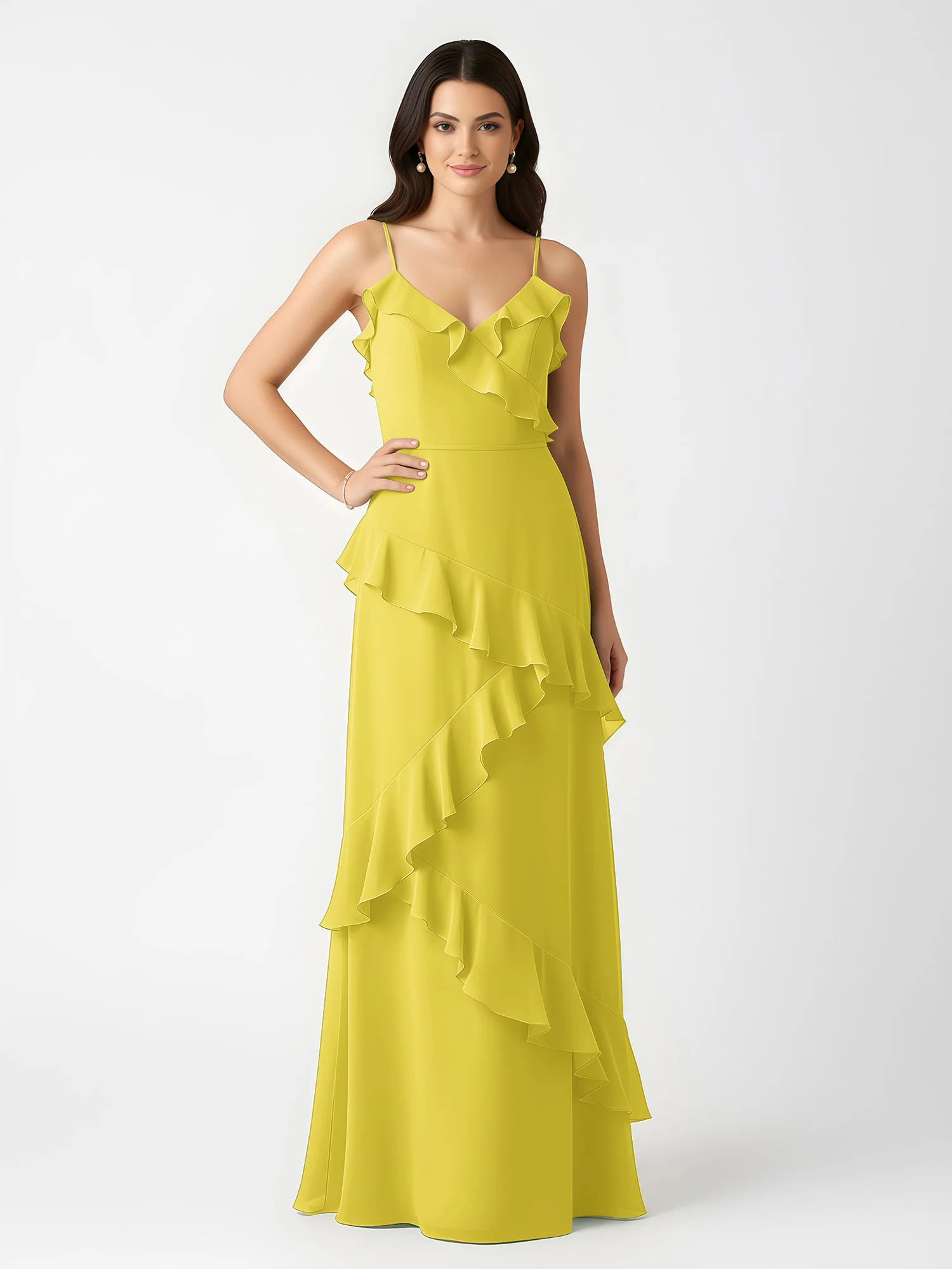 A-Line Chiffon Ruffle Floor Length V-Neck Dresses Lemon - Image 3