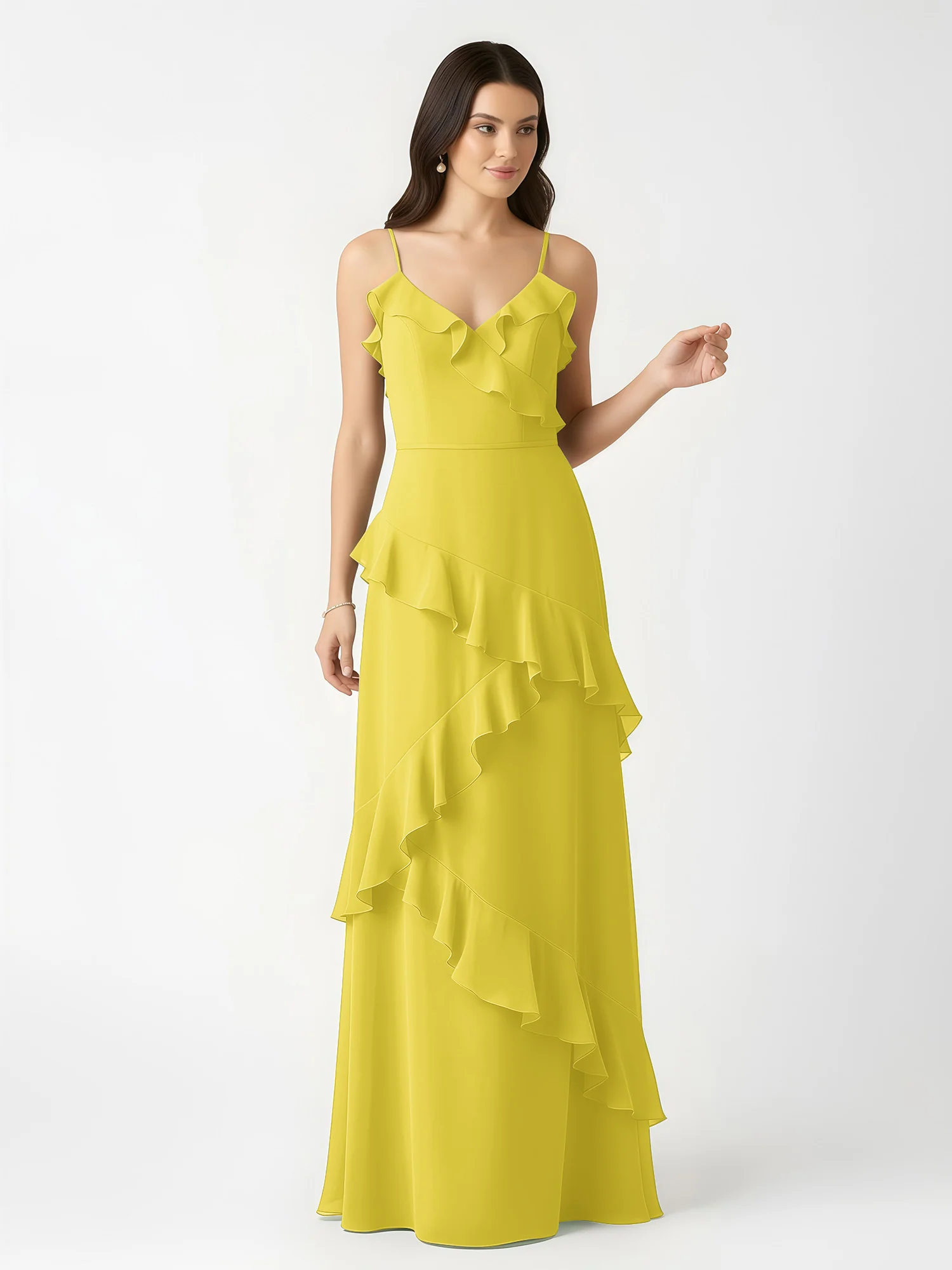 A-Line Chiffon Ruffle Floor Length V-Neck Dresses Lemon - Image 4