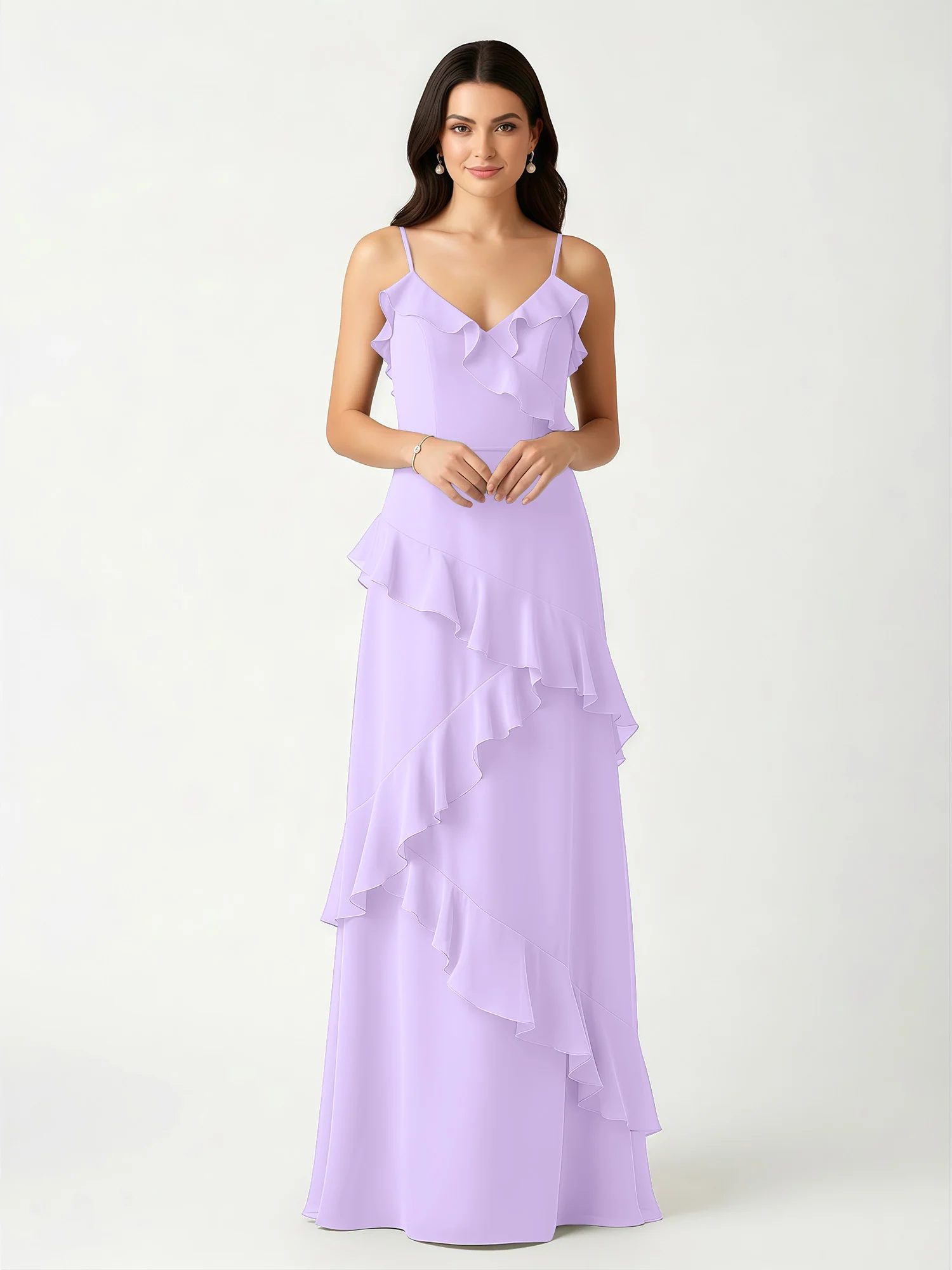 A-Line Chiffon Ruffle Floor Length V-Neck Dresses Lilac