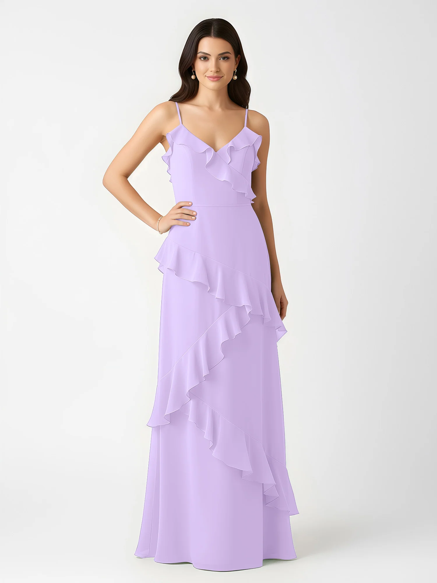 A-Line Chiffon Ruffle Floor Length V-Neck Dresses Lilac - Image 3