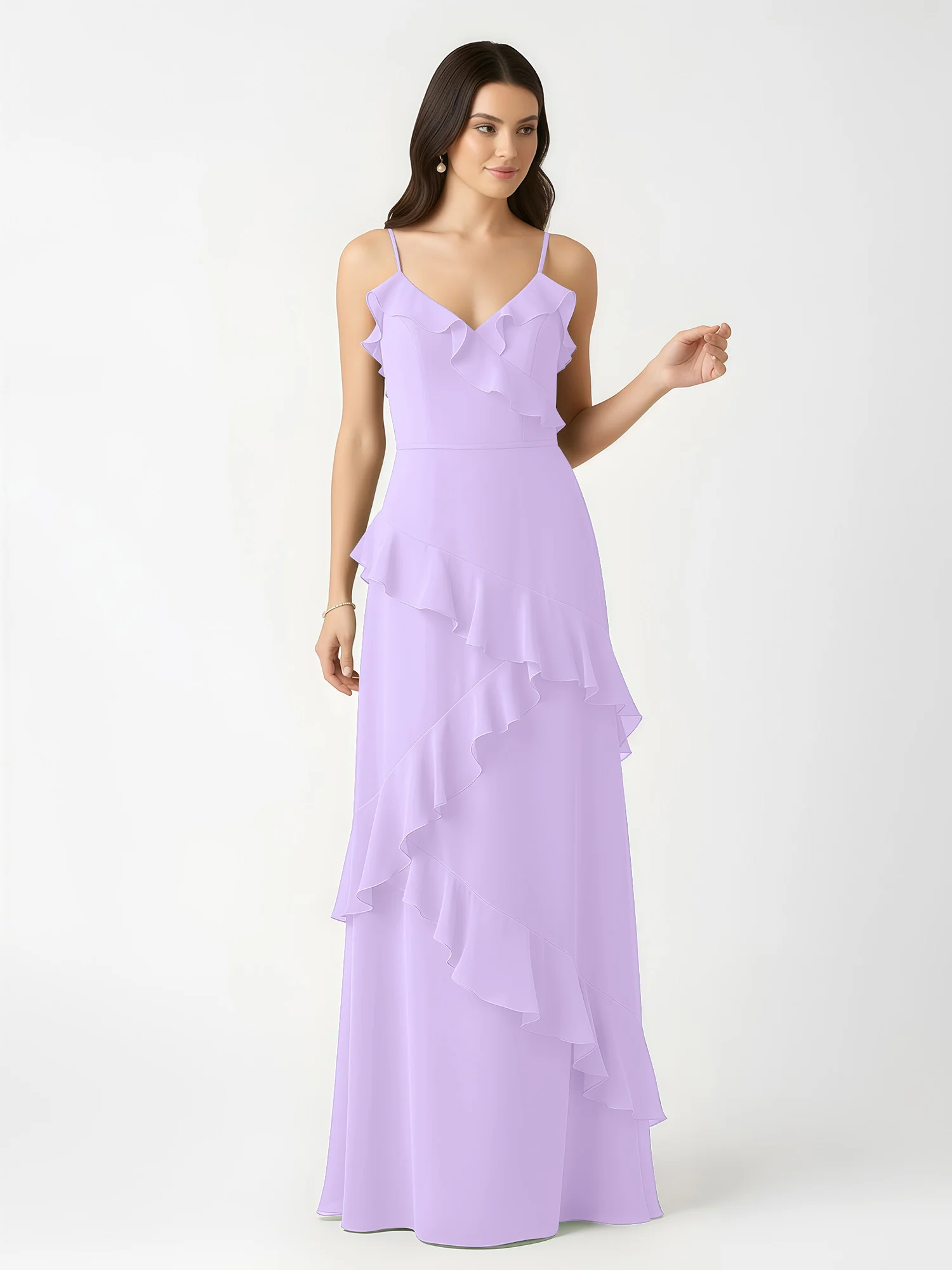 A-Line Chiffon Ruffle Floor Length V-Neck Dresses Lilac - Image 4