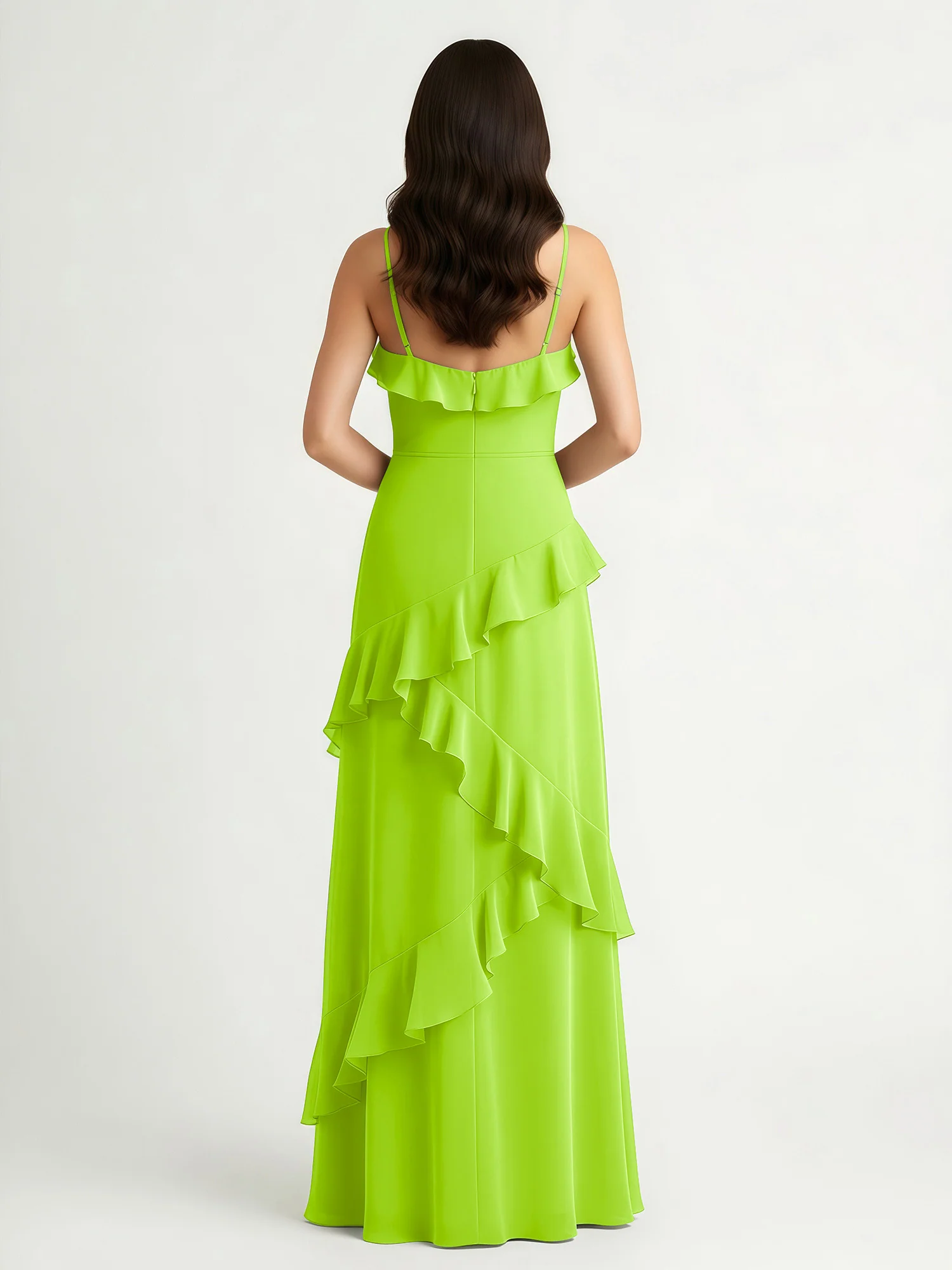 A-Line Chiffon Ruffle Floor Length V-Neck Dresses Lime Green - Image 2