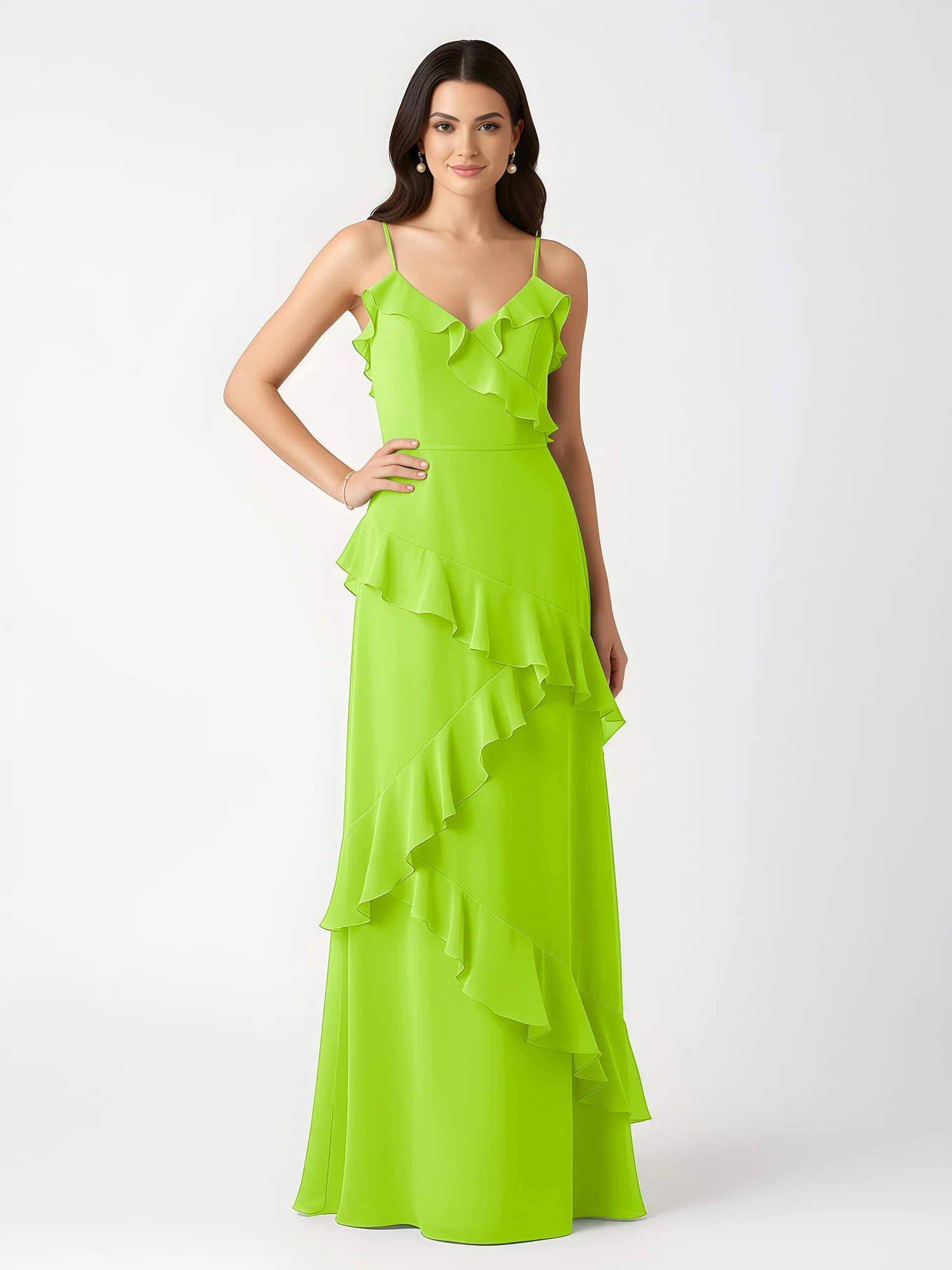 A-Line Chiffon Ruffle Floor Length V-Neck Dresses Lime Green - Image 3