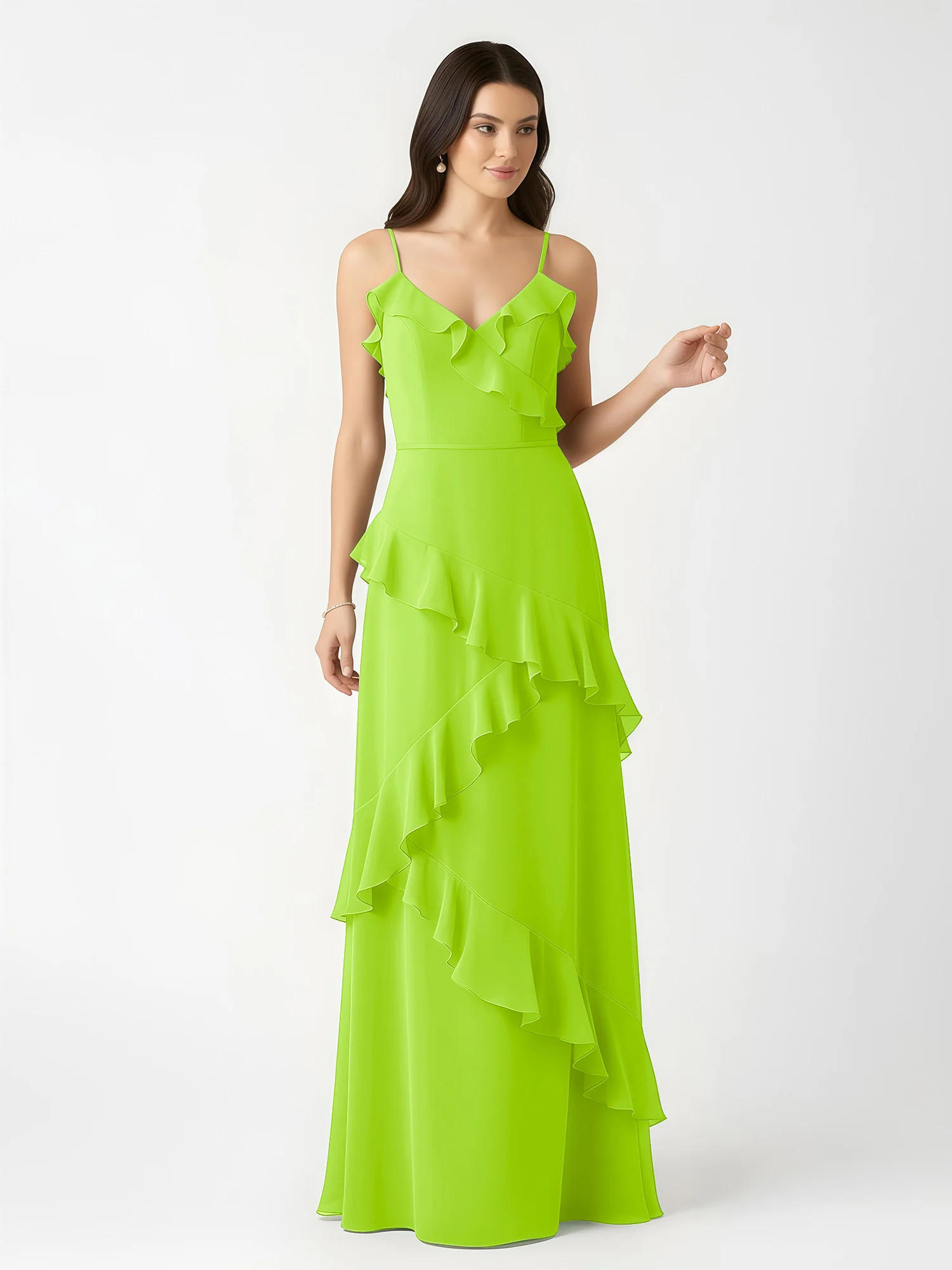 A-Line Chiffon Ruffle Floor Length V-Neck Dresses Lime Green - Image 4