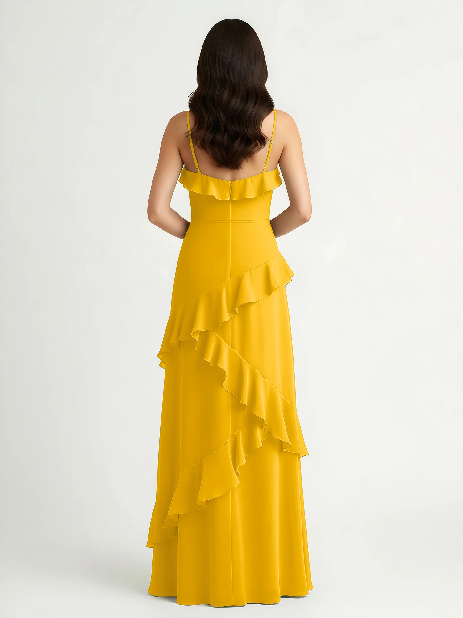 A-Line Chiffon Ruffle Floor Length V-Neck Dresses Marigold - Image 2