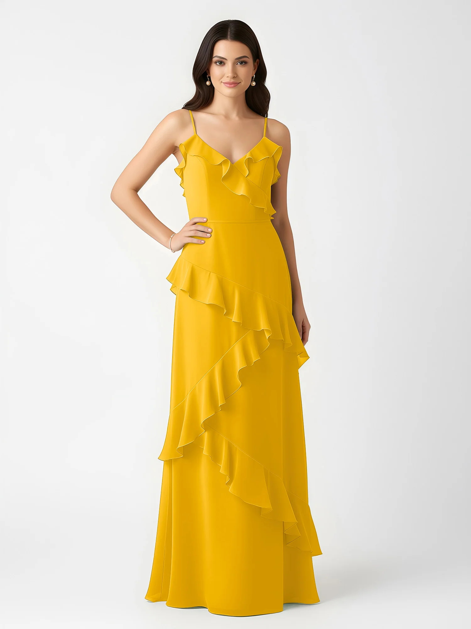 A-Line Chiffon Ruffle Floor Length V-Neck Dresses Marigold - Image 3