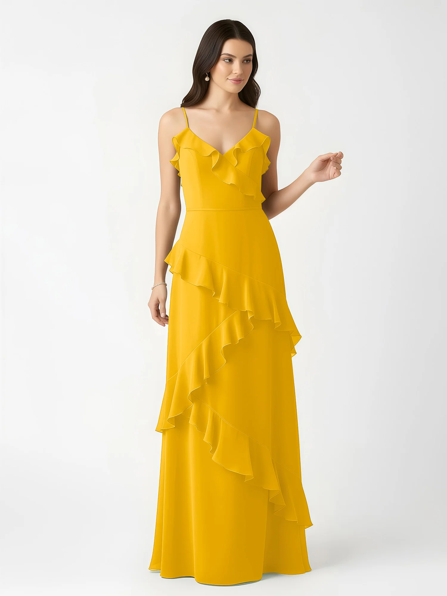 A-Line Chiffon Ruffle Floor Length V-Neck Dresses Marigold - Image 4