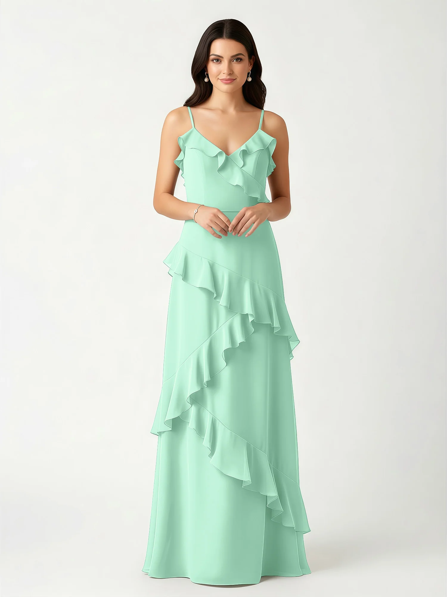 A-Line Chiffon Ruffle Floor Length V-Neck Dresses Mint Green