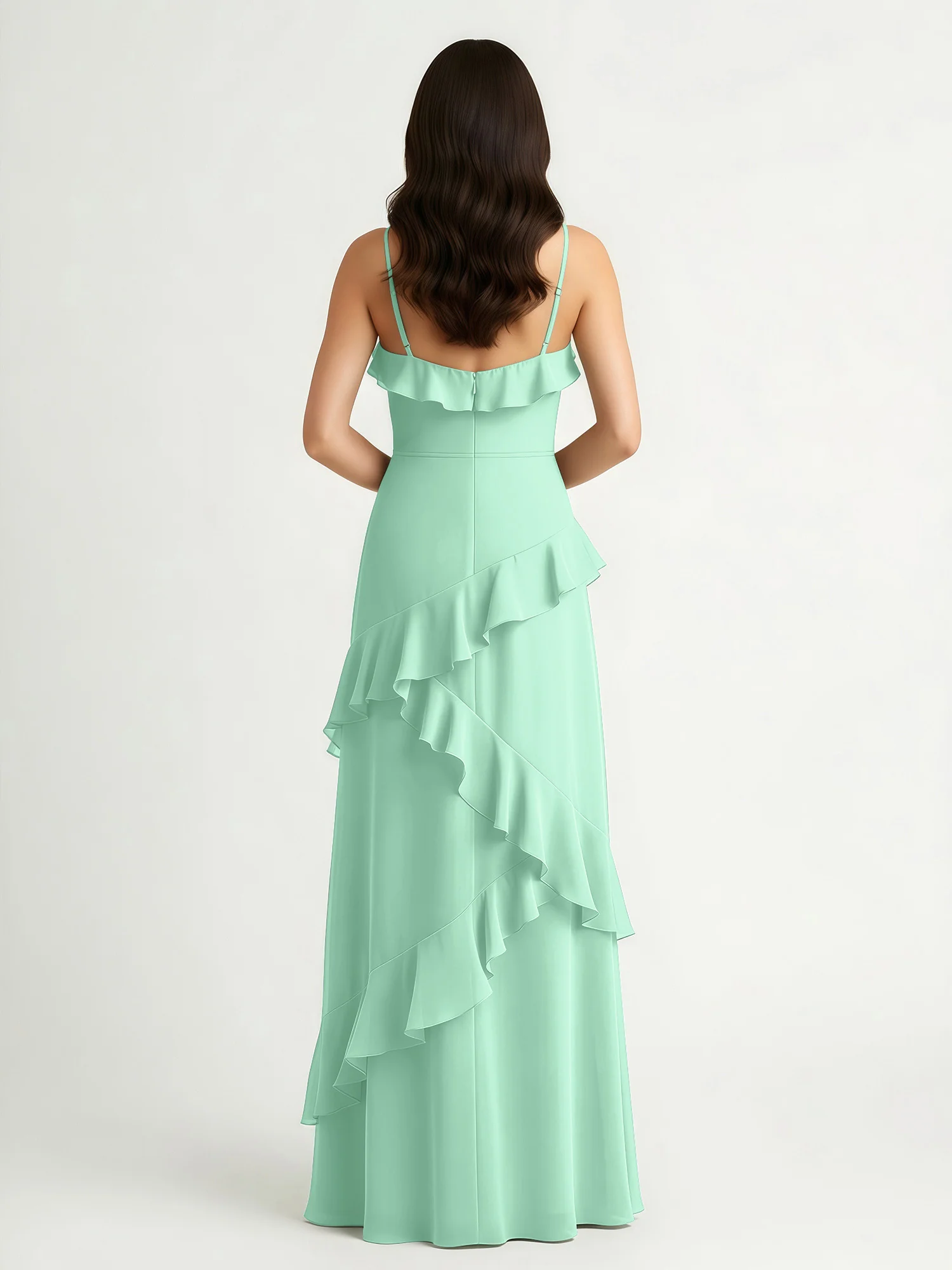 A-Line Chiffon Ruffle Floor Length V-Neck Dresses Mint Green - Image 2