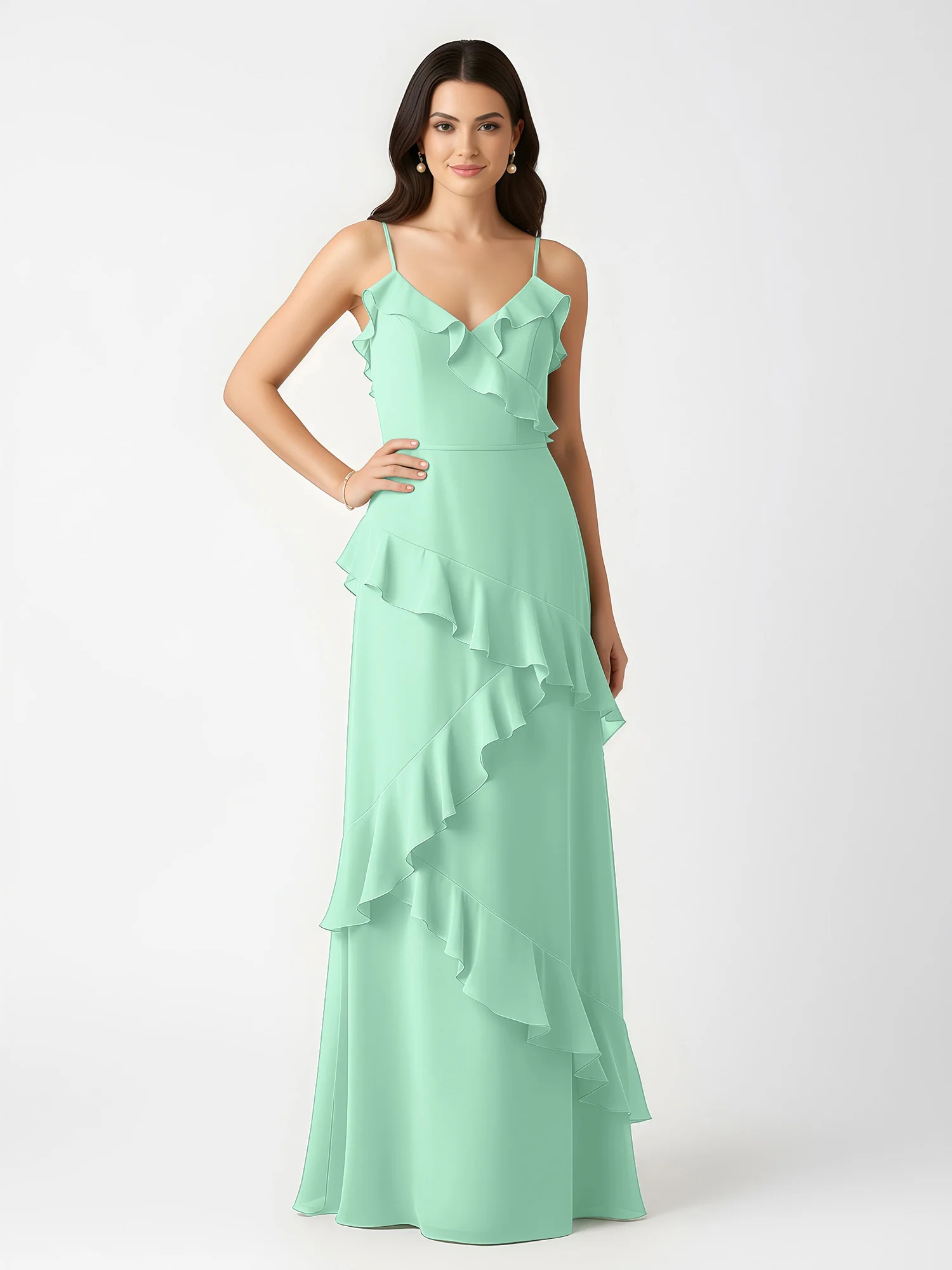 A-Line Chiffon Ruffle Floor Length V-Neck Dresses Mint Green - Image 3