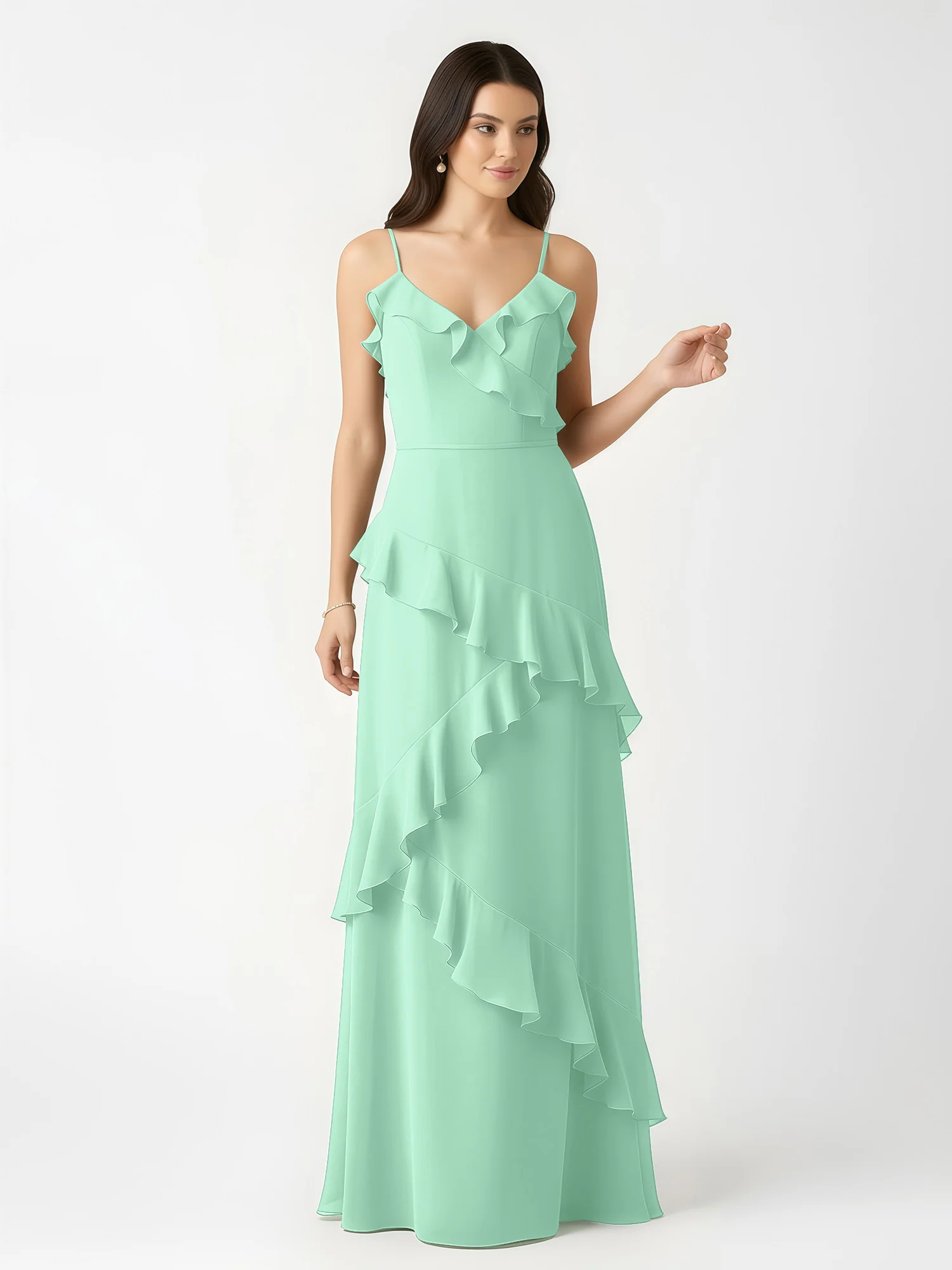 A-Line Chiffon Ruffle Floor Length V-Neck Dresses Mint Green - Image 4