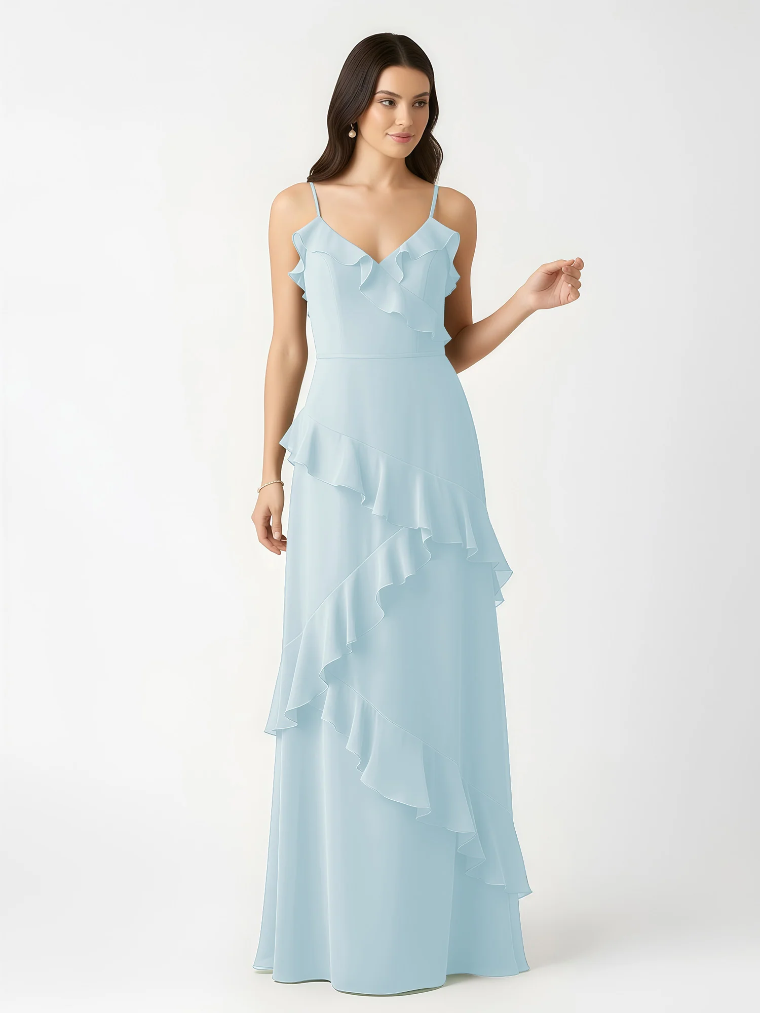 A-Line Chiffon Ruffle Floor Length V-Neck Dresses Mist - Image 4