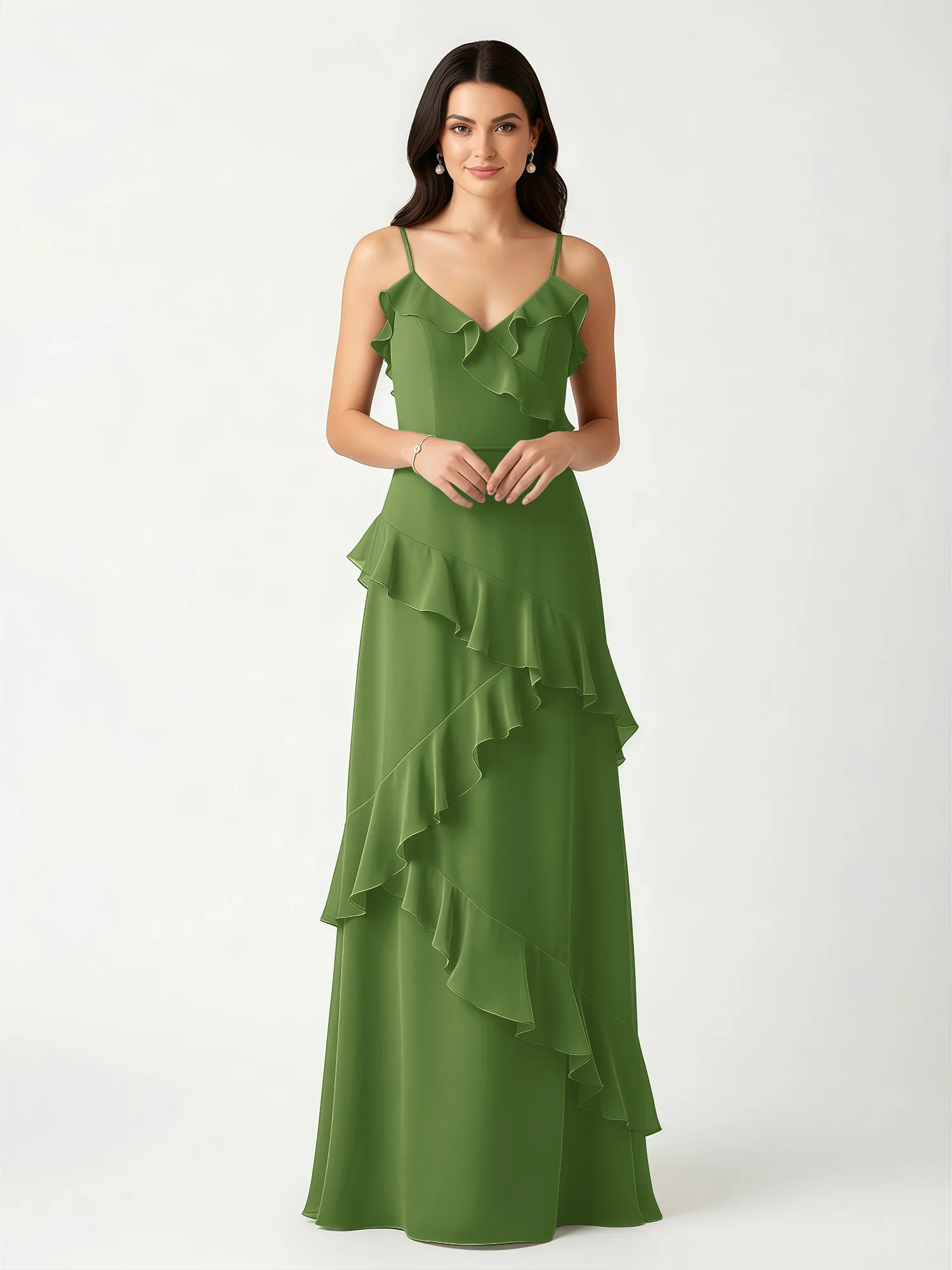 A-Line Chiffon Ruffle Floor Length V-Neck Dresses Moss