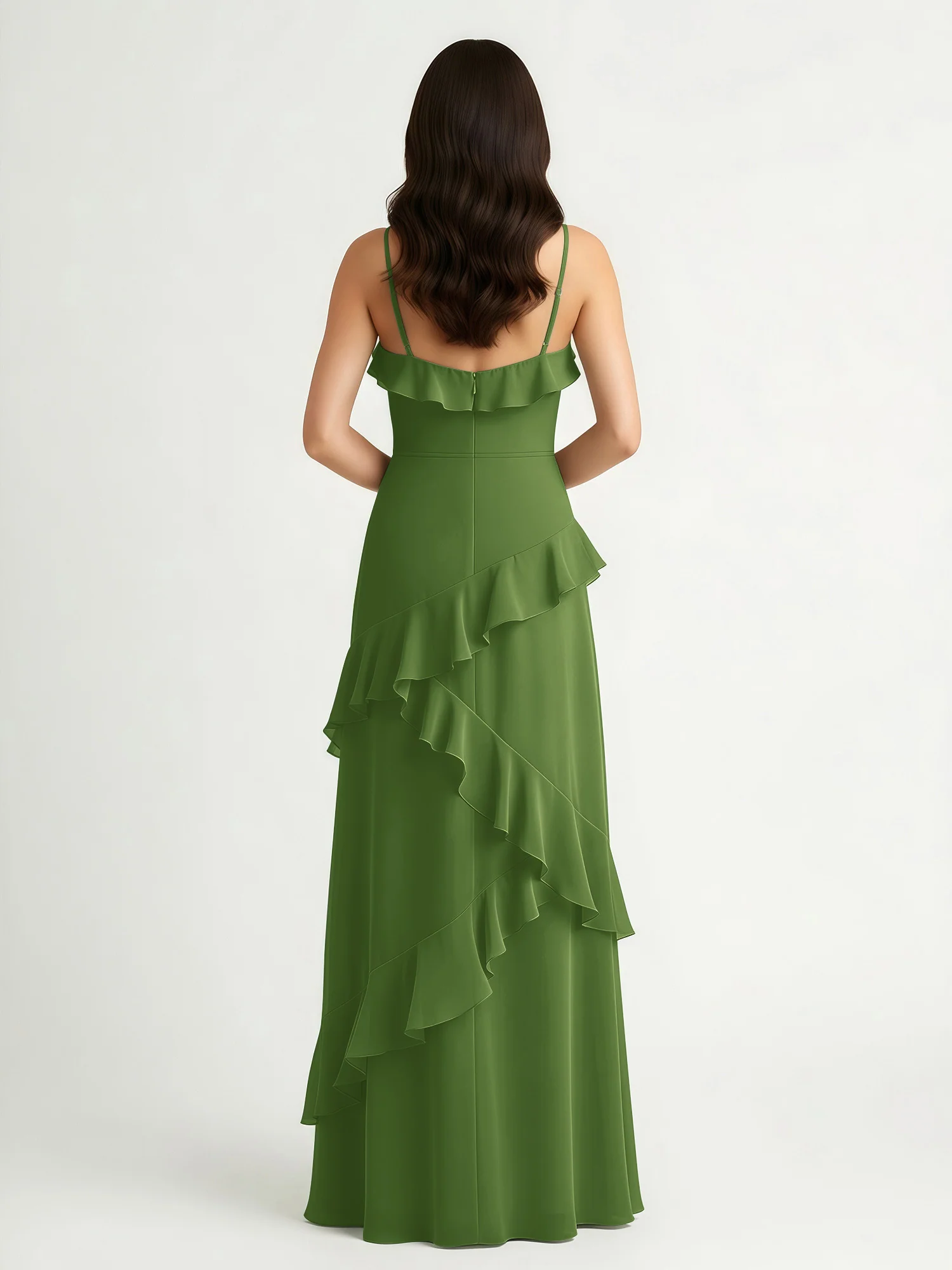 A-Line Chiffon Ruffle Floor Length V-Neck Dresses Moss - Image 2
