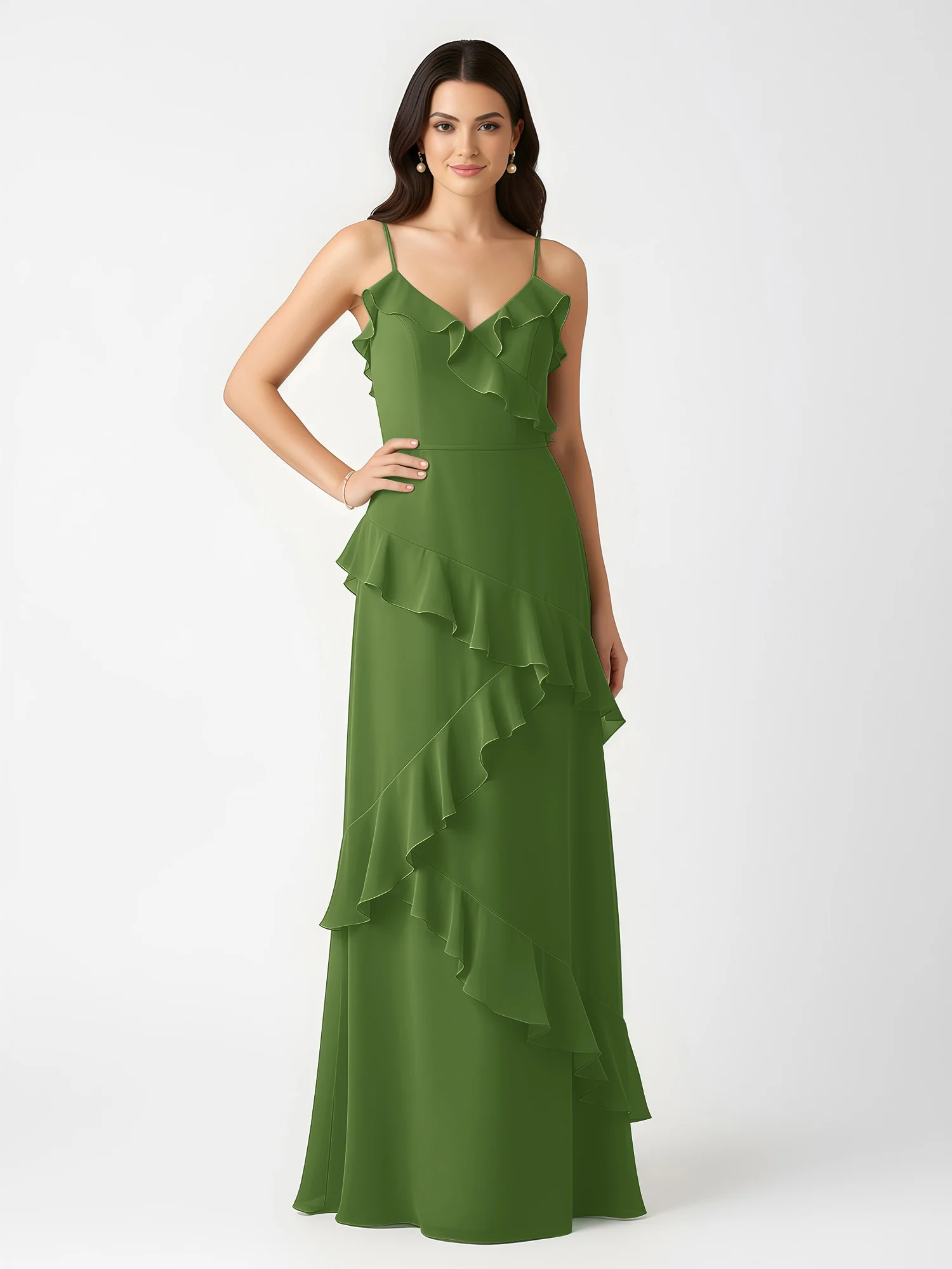 A-Line Chiffon Ruffle Floor Length V-Neck Dresses Moss - Image 3