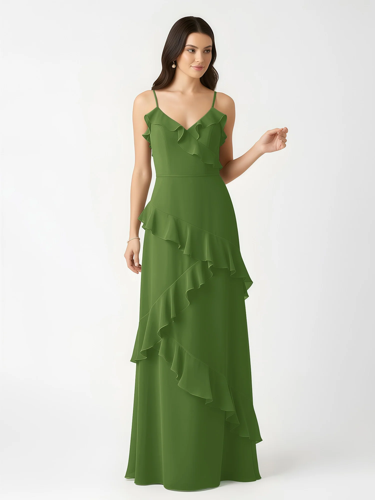 A-Line Chiffon Ruffle Floor Length V-Neck Dresses Moss - Image 4