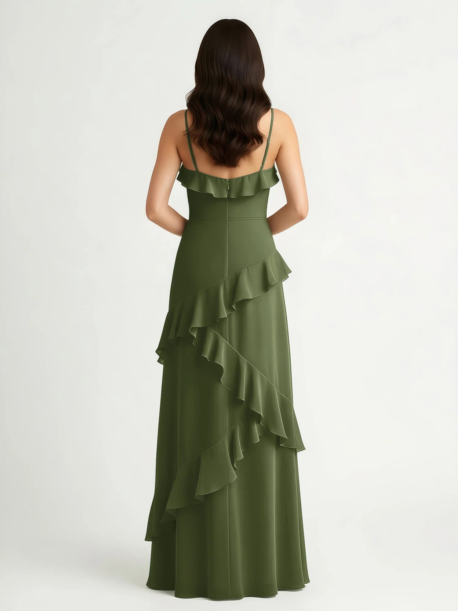A-Line Chiffon Ruffle Floor Length V-Neck Dresses Olive Green - Image 2