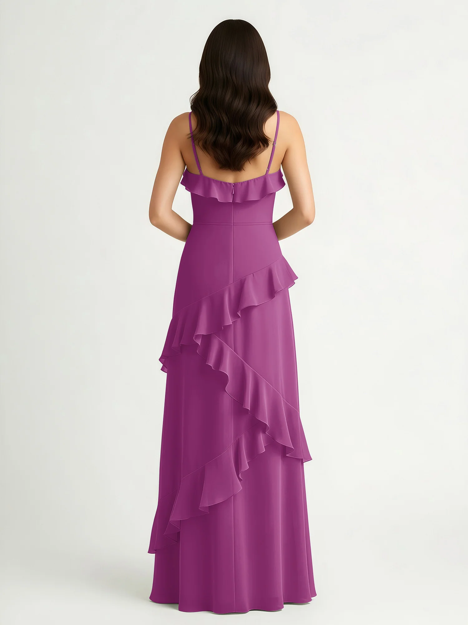 A-Line Chiffon Ruffle Floor Length V-Neck Dresses Orchid - Image 2
