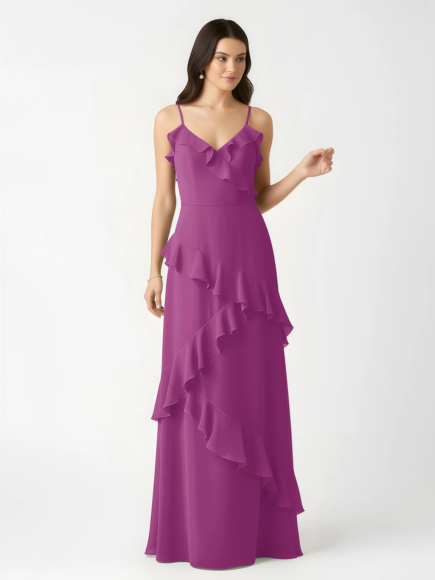 A-Line Chiffon Ruffle Floor Length V-Neck Dresses Orchid - Image 4