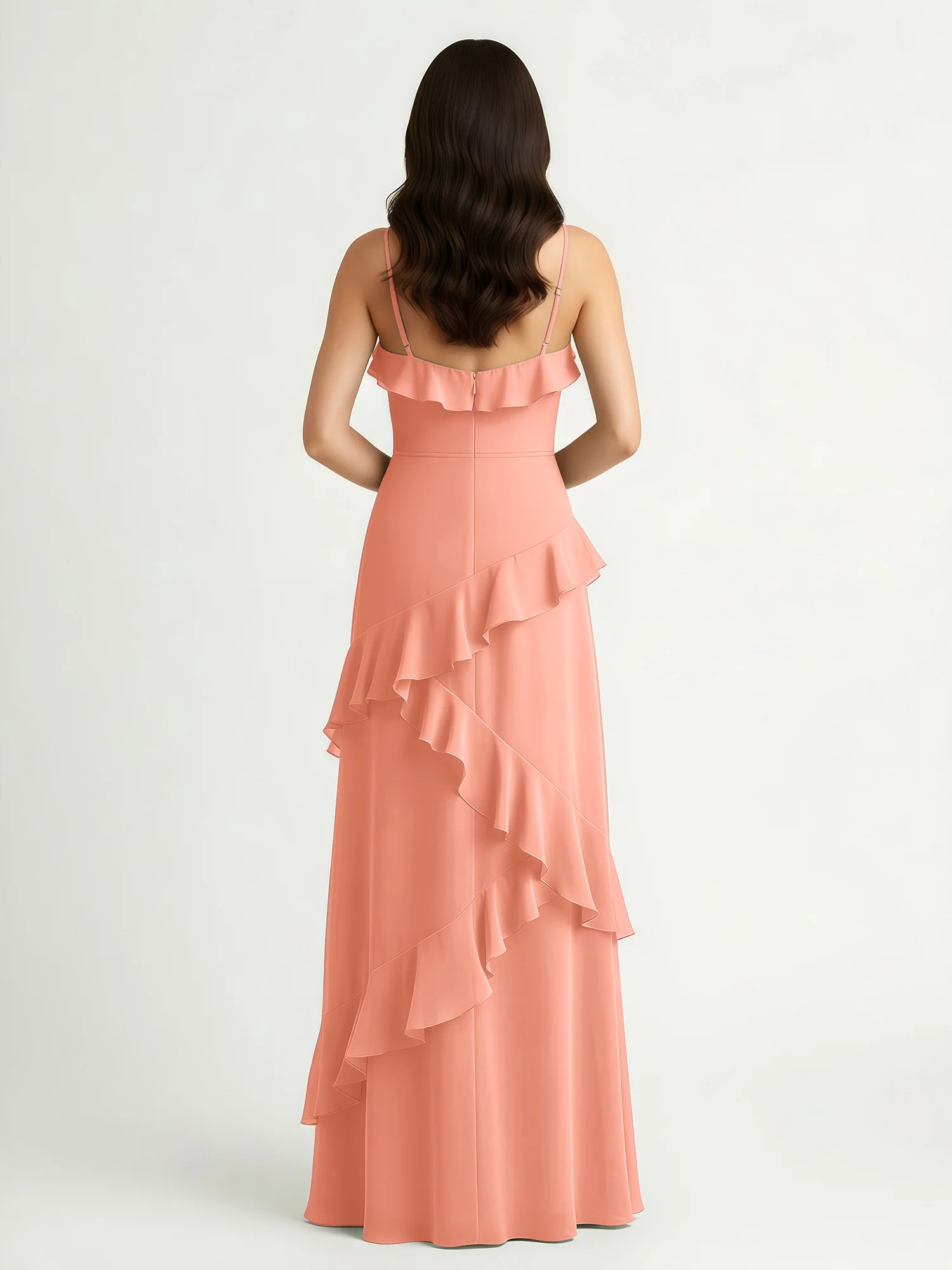 A-Line Chiffon Ruffle Floor Length V-Neck Dresses Papaya - Image 2