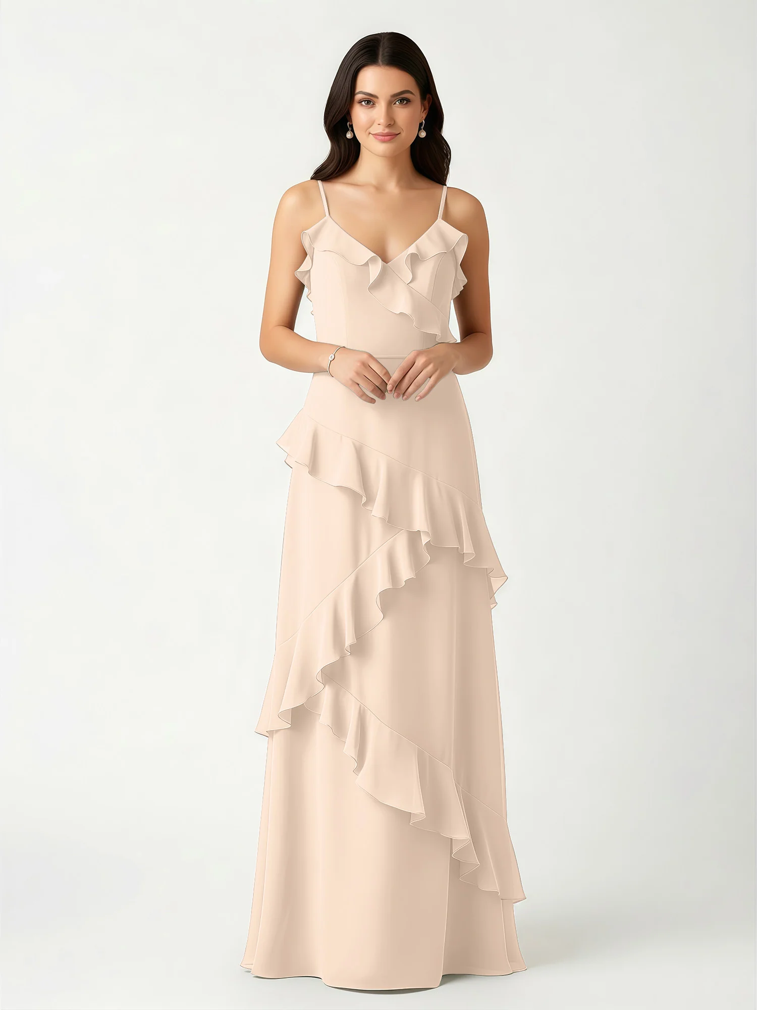 A-Line Chiffon Ruffle Floor Length V-Neck Dresses Peach