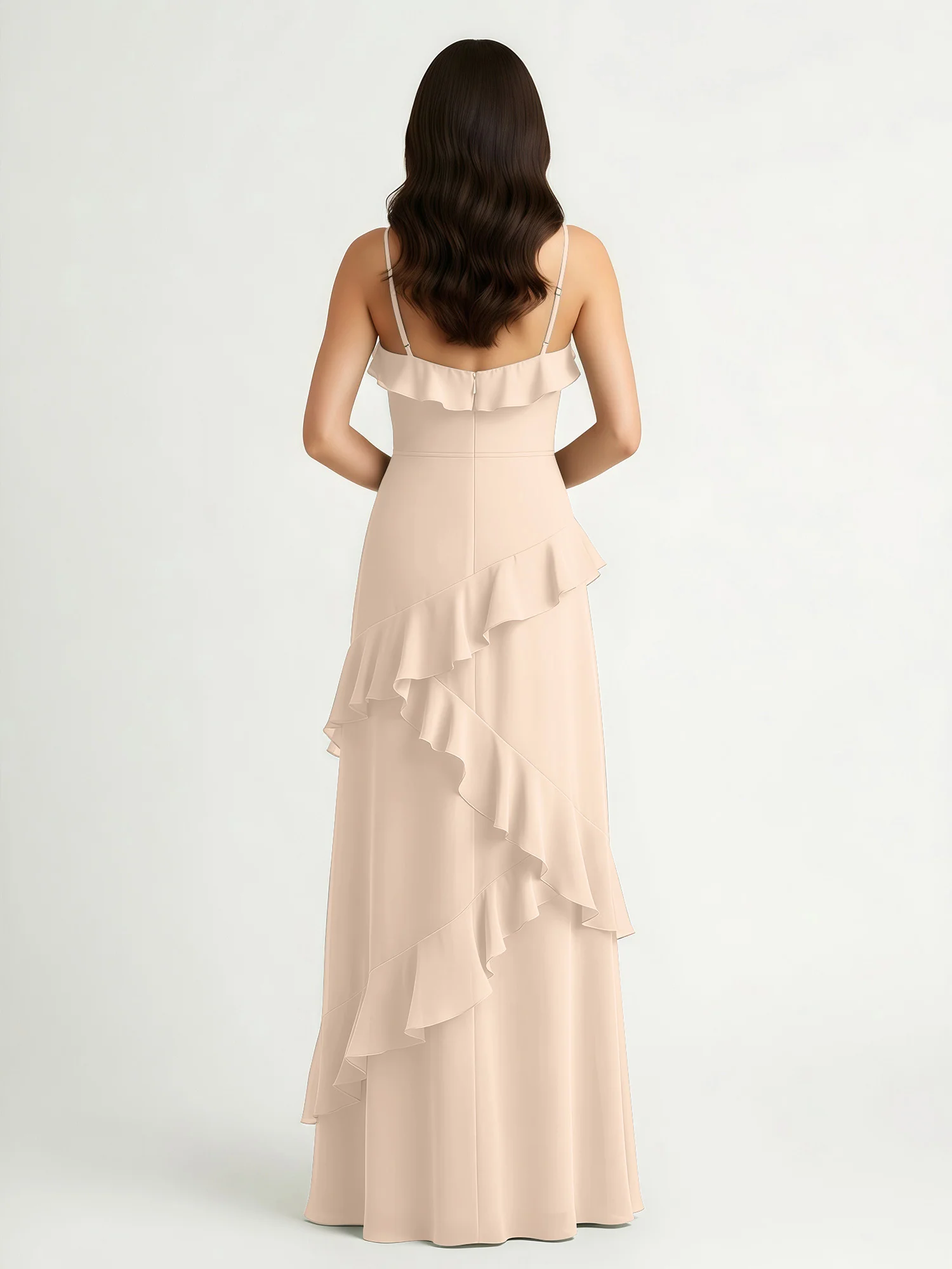 A-Line Chiffon Ruffle Floor Length V-Neck Dresses Peach - Image 2