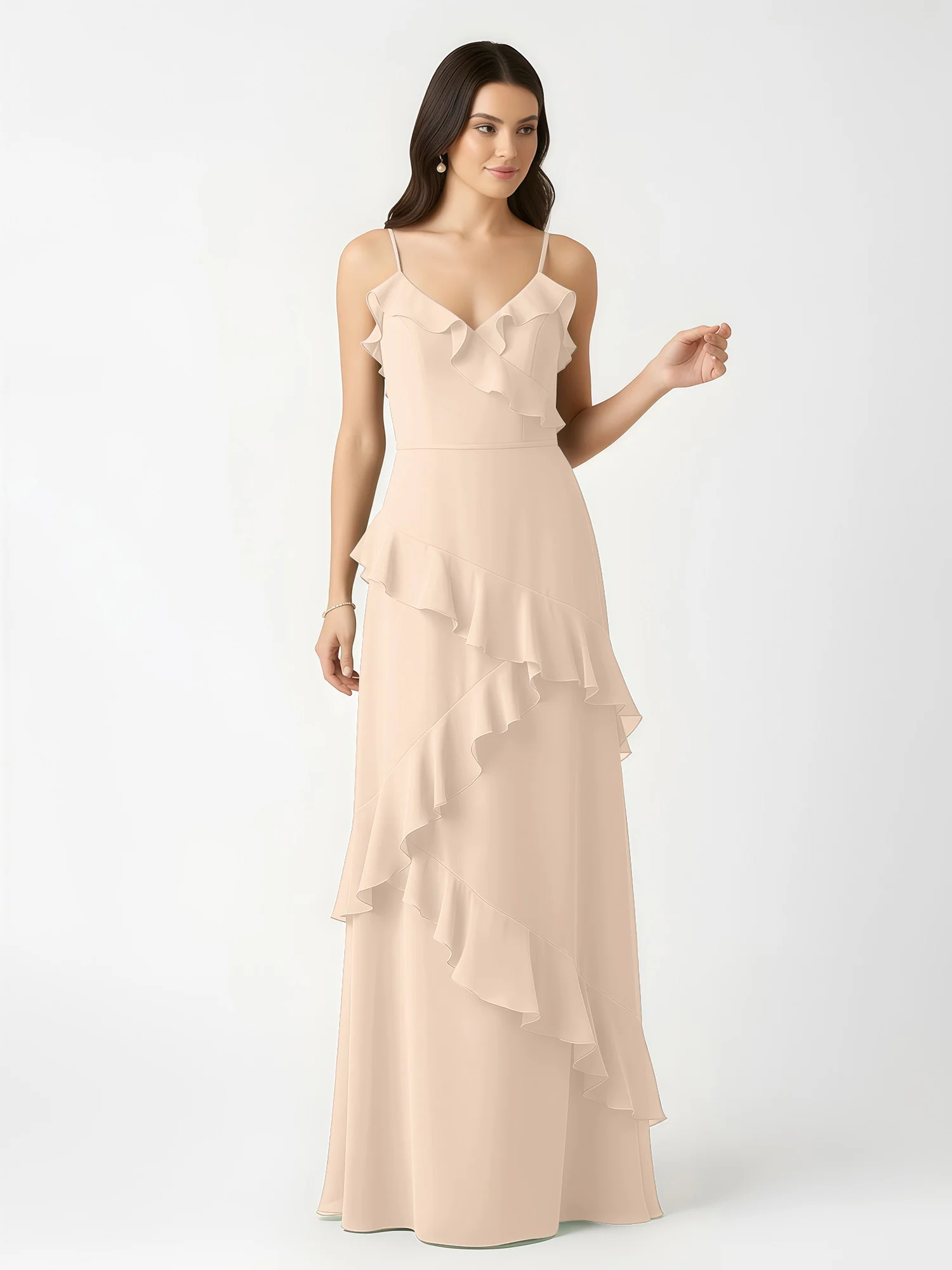 A-Line Chiffon Ruffle Floor Length V-Neck Dresses Peach - Image 4